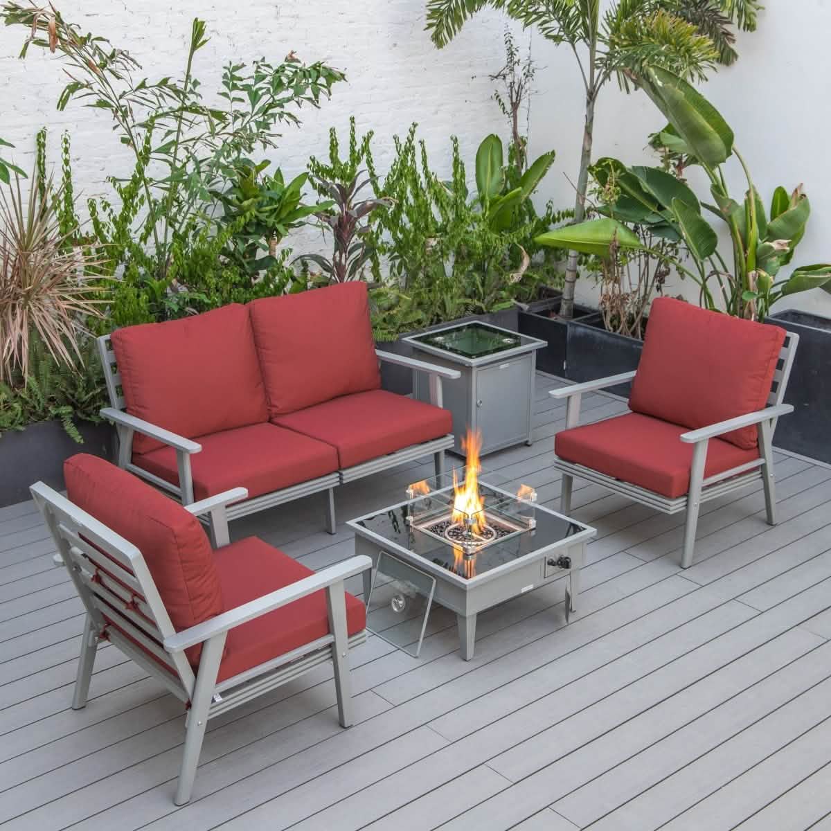 Walbrooke Aluminum Patio Conversation With Fire Pit Table & Tank Holder Coversation Set Leisuremod