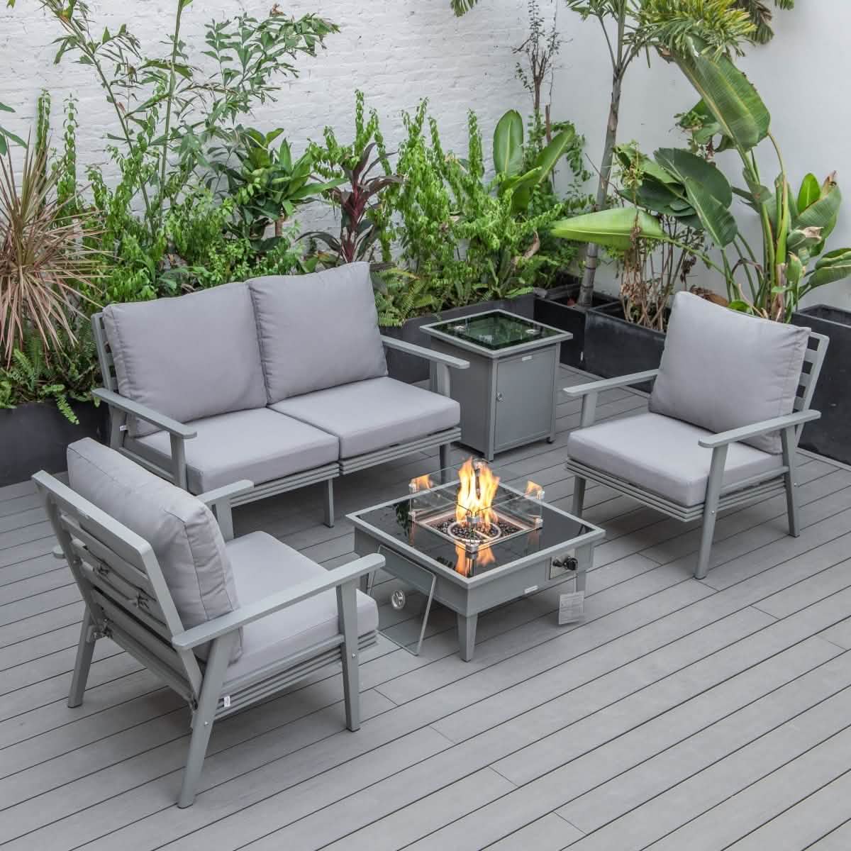 Walbrooke Aluminum Patio Conversation With Fire Pit Table & Tank Holder Coversation Set Leisuremod