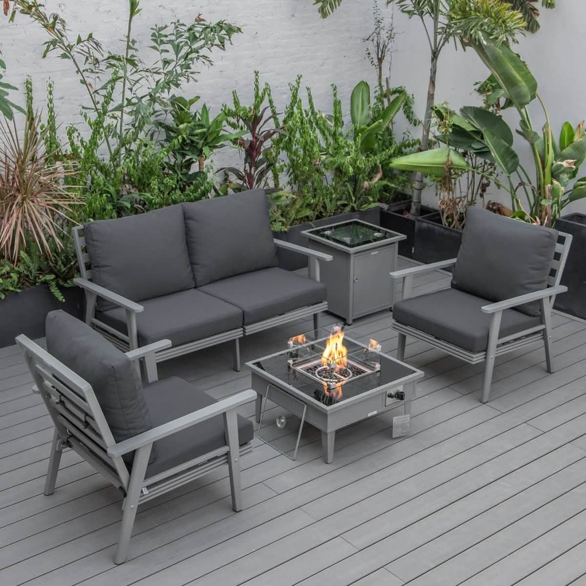 Walbrooke Aluminum Patio Conversation With Fire Pit Table & Tank Holder Coversation Set Leisuremod