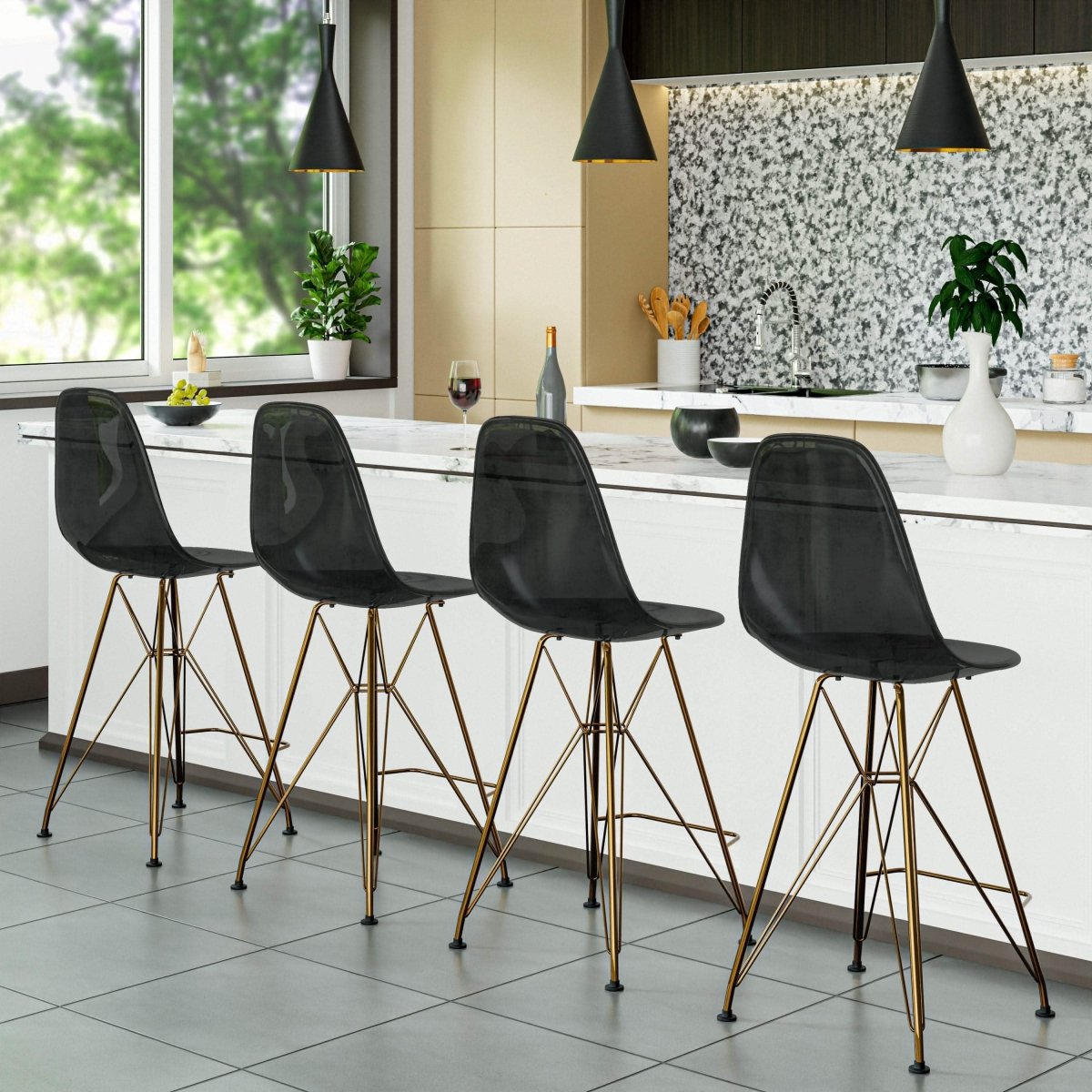 LeisureMod Cresco Modern Acrylic Barstool with Gold Chrome Base and Footrest