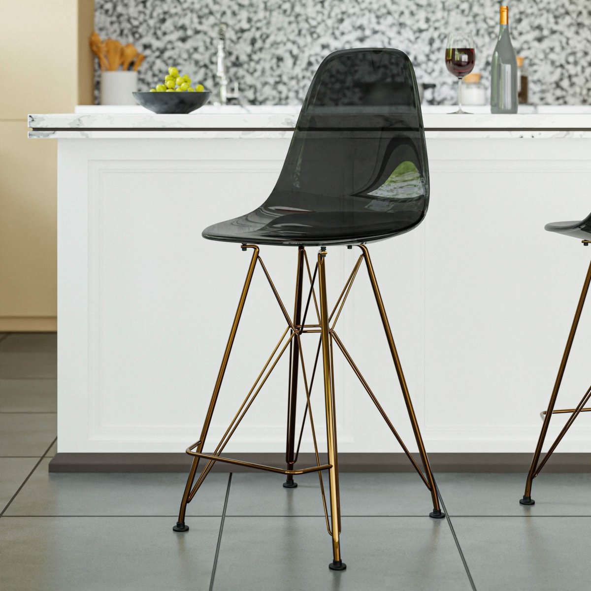 LeisureMod Cresco Modern Acrylic Barstool with Gold Chrome Base and Footrest