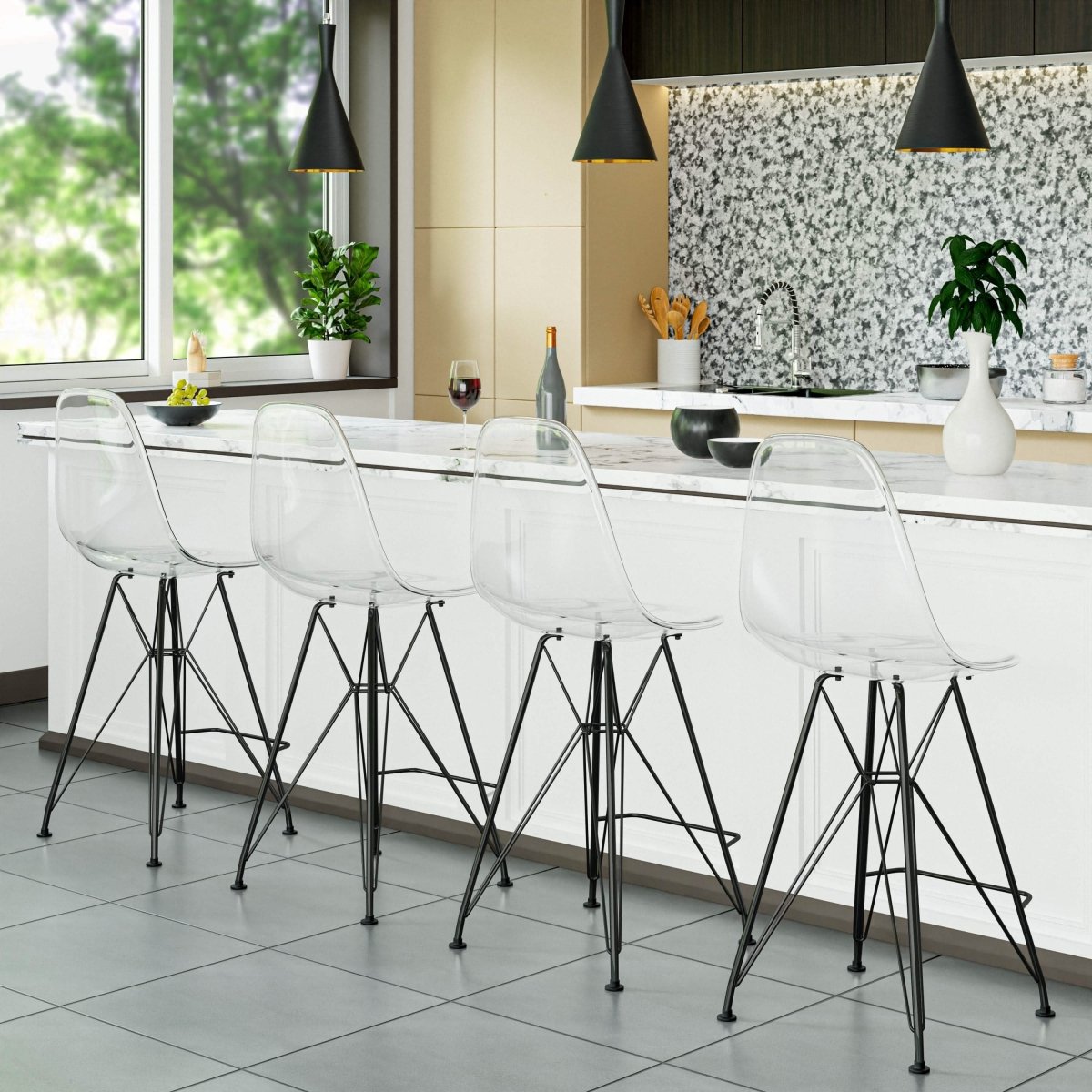 LeisureMod Cresco Modern Acrylic Barstool with Gold Chrome Base and Footrest