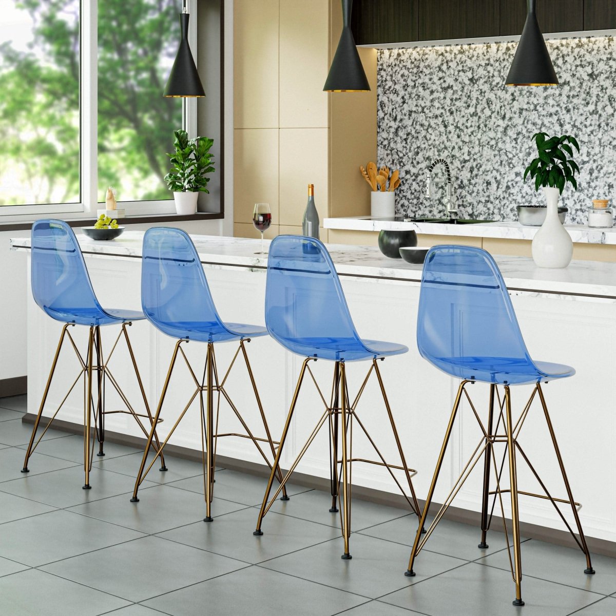 LeisureMod Cresco Modern Acrylic Barstool with Gold Chrome Base and Footrest