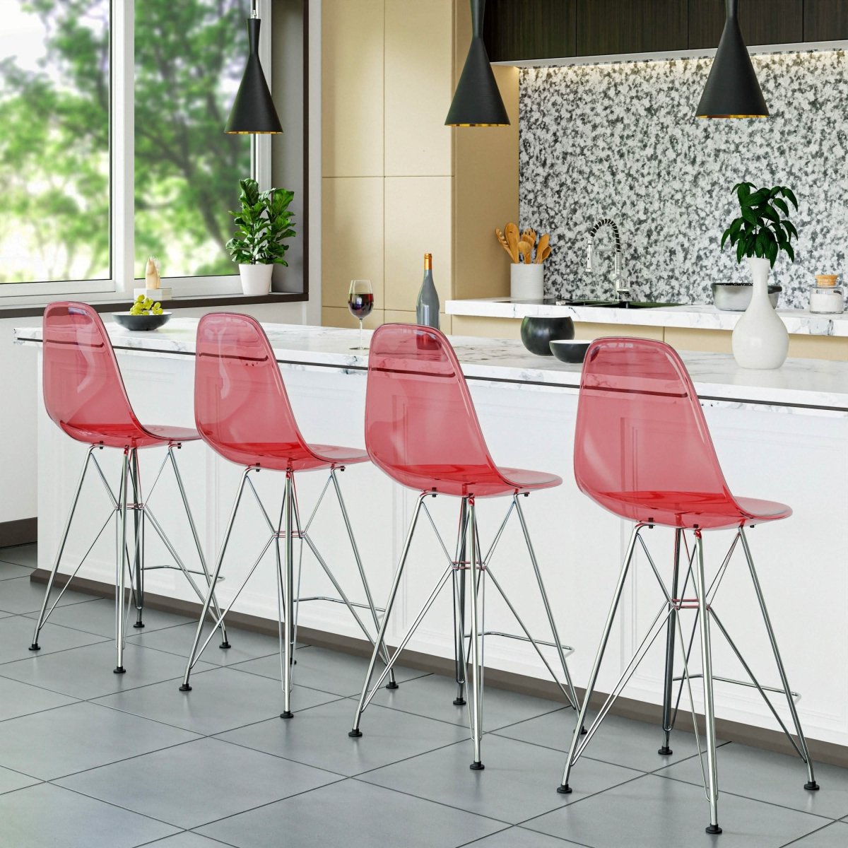 LeisureMod Cresco Modern Acrylic Barstool with Gold Chrome Base and Footrest
