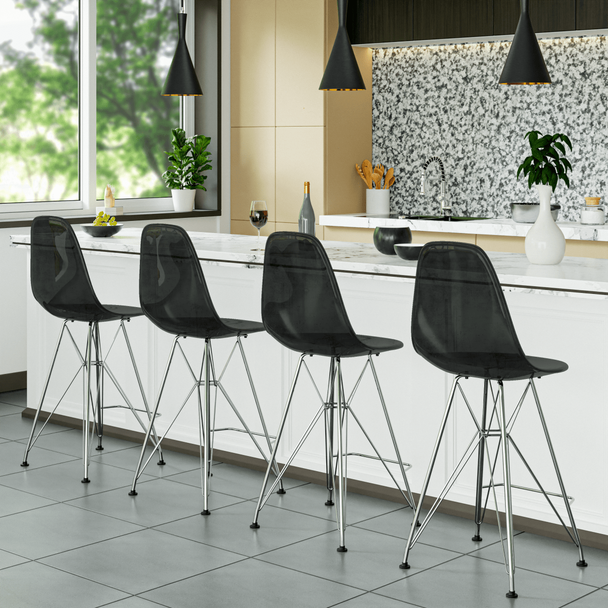 LeisureMod Cresco Modern Acrylic Barstool with Gold Chrome Base and Footrest