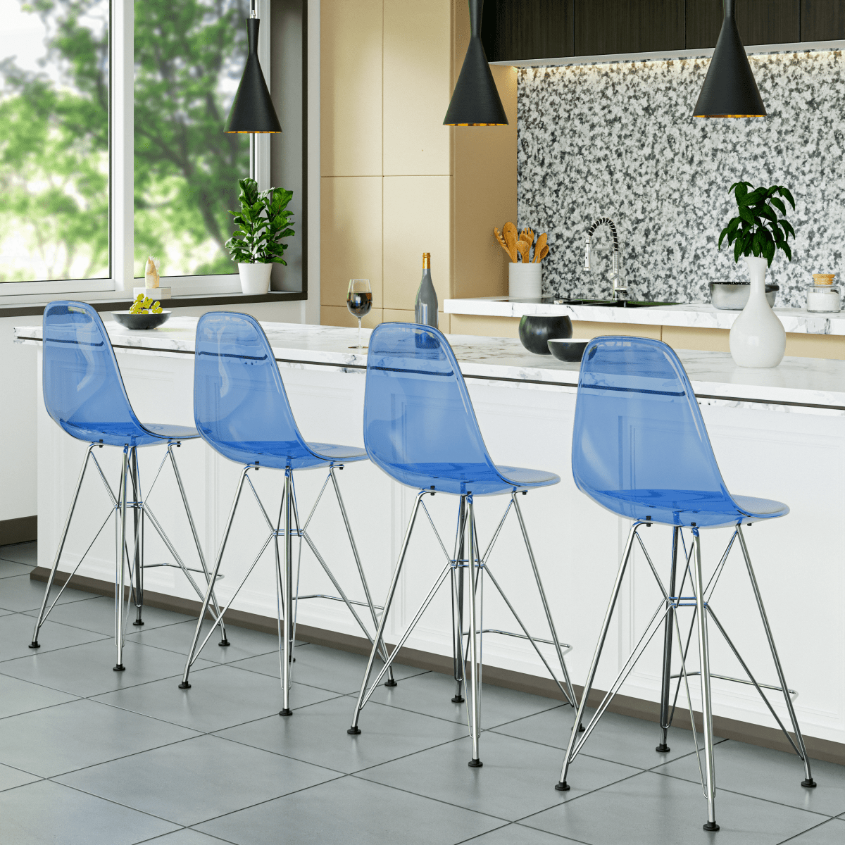 LeisureMod Cresco Modern Acrylic Barstool with Gold Chrome Base and Footrest