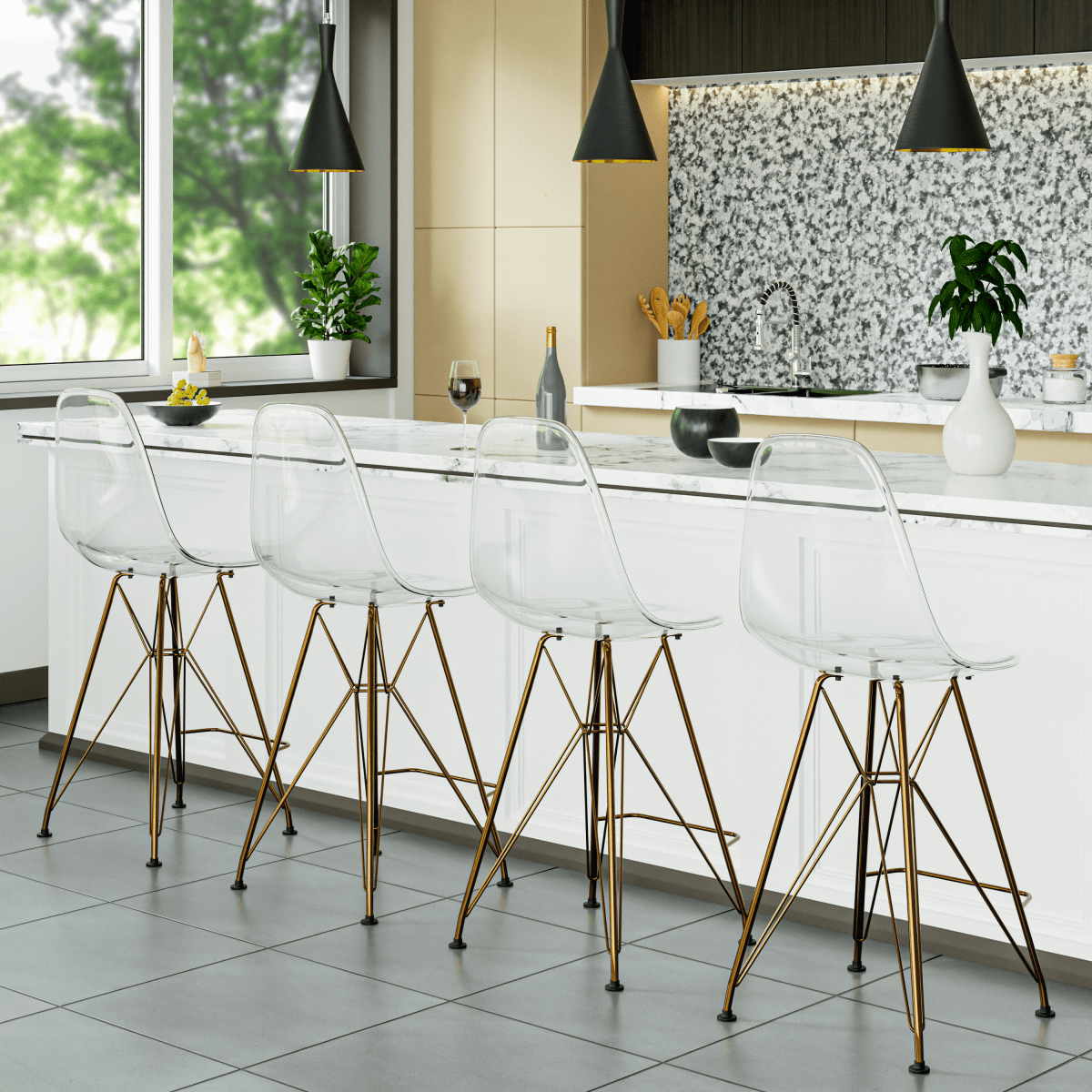 LeisureMod Cresco Modern Acrylic Barstool with Gold Chrome Base and Footrest