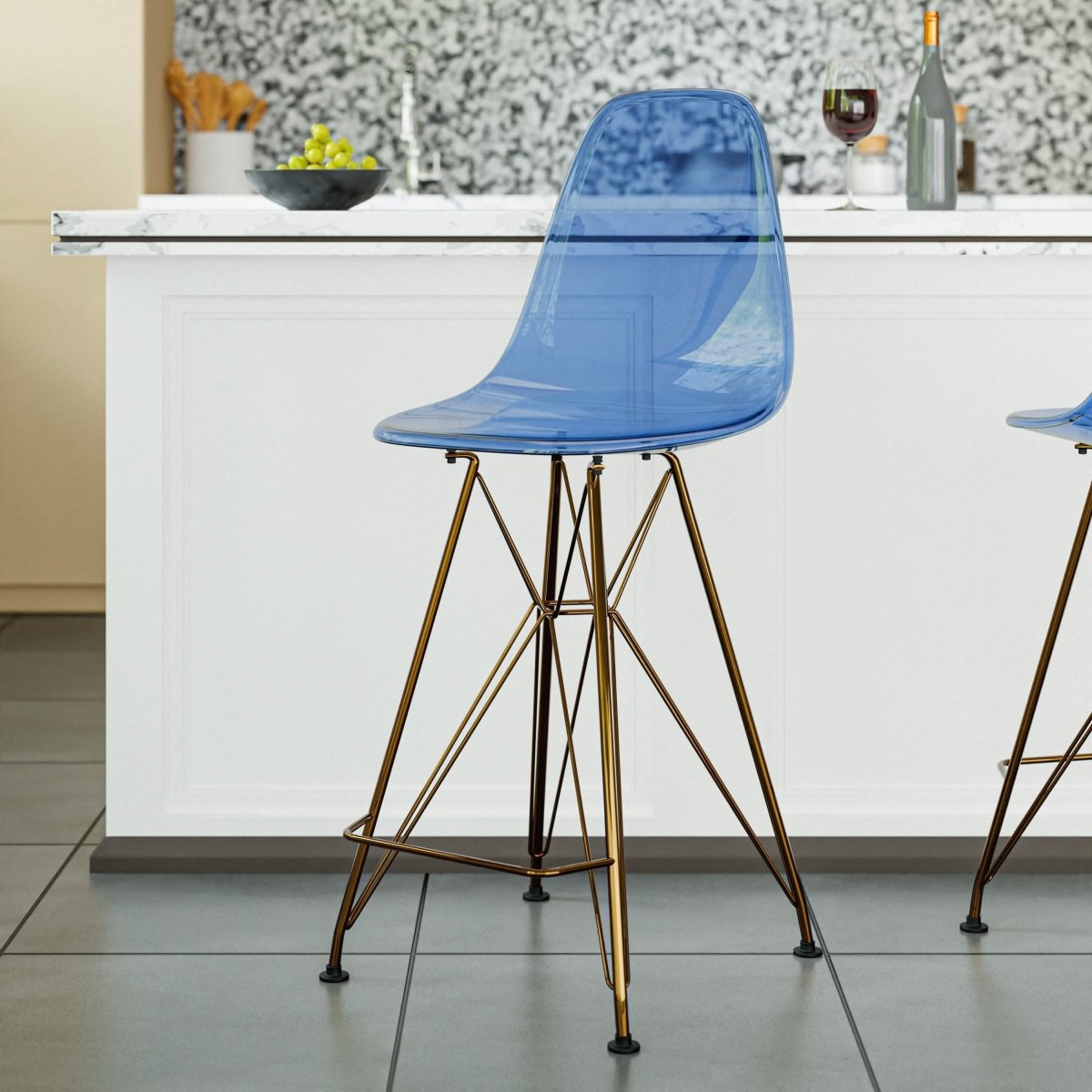LeisureMod Cresco Modern Acrylic Barstool with Gold Chrome Base and Footrest