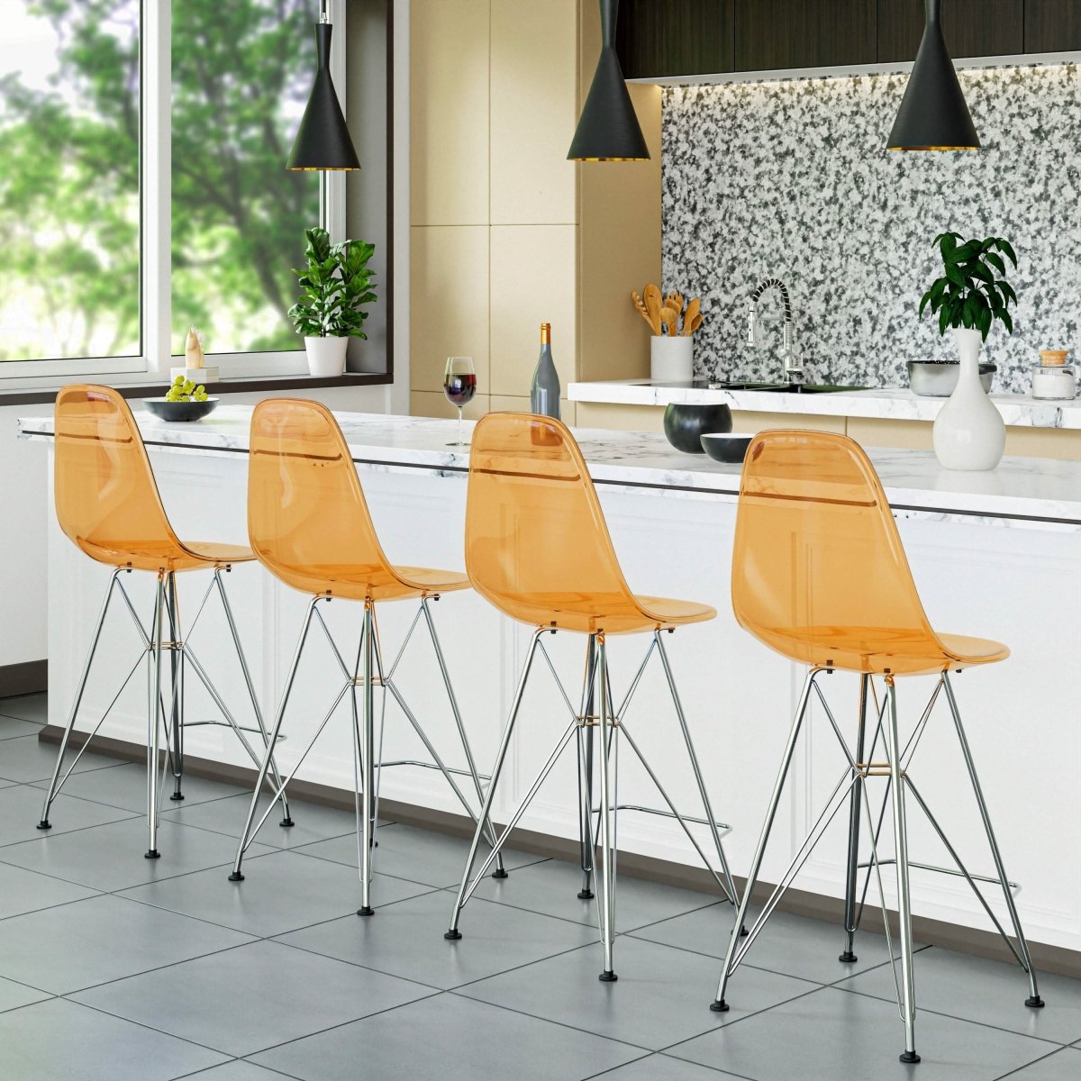 LeisureMod Cresco Modern Acrylic Barstool with Gold Chrome Base and Footrest
