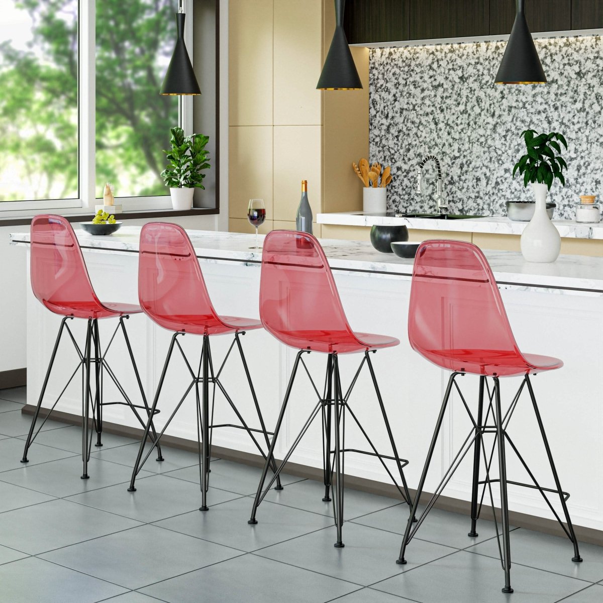 LeisureMod Cresco Modern Acrylic Barstool with Gold Chrome Base and Footrest