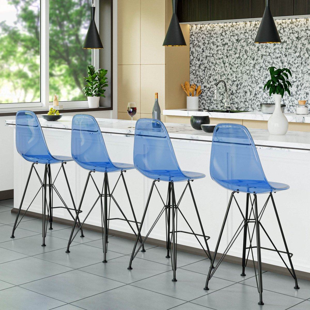 LeisureMod Cresco Modern Acrylic Barstool with Gold Chrome Base and Footrest