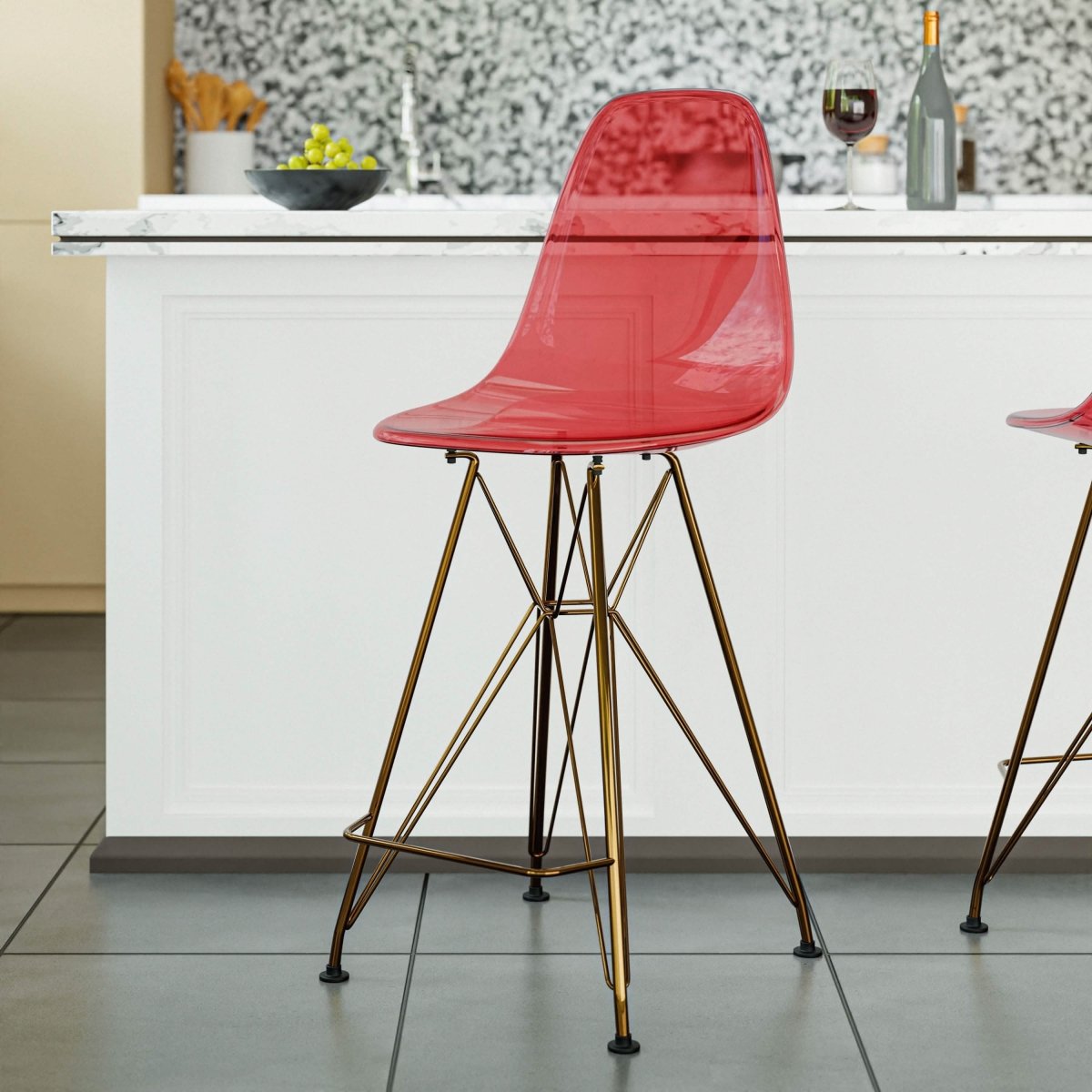 LeisureMod Cresco Modern Acrylic Barstool with Gold Chrome Base and Footrest