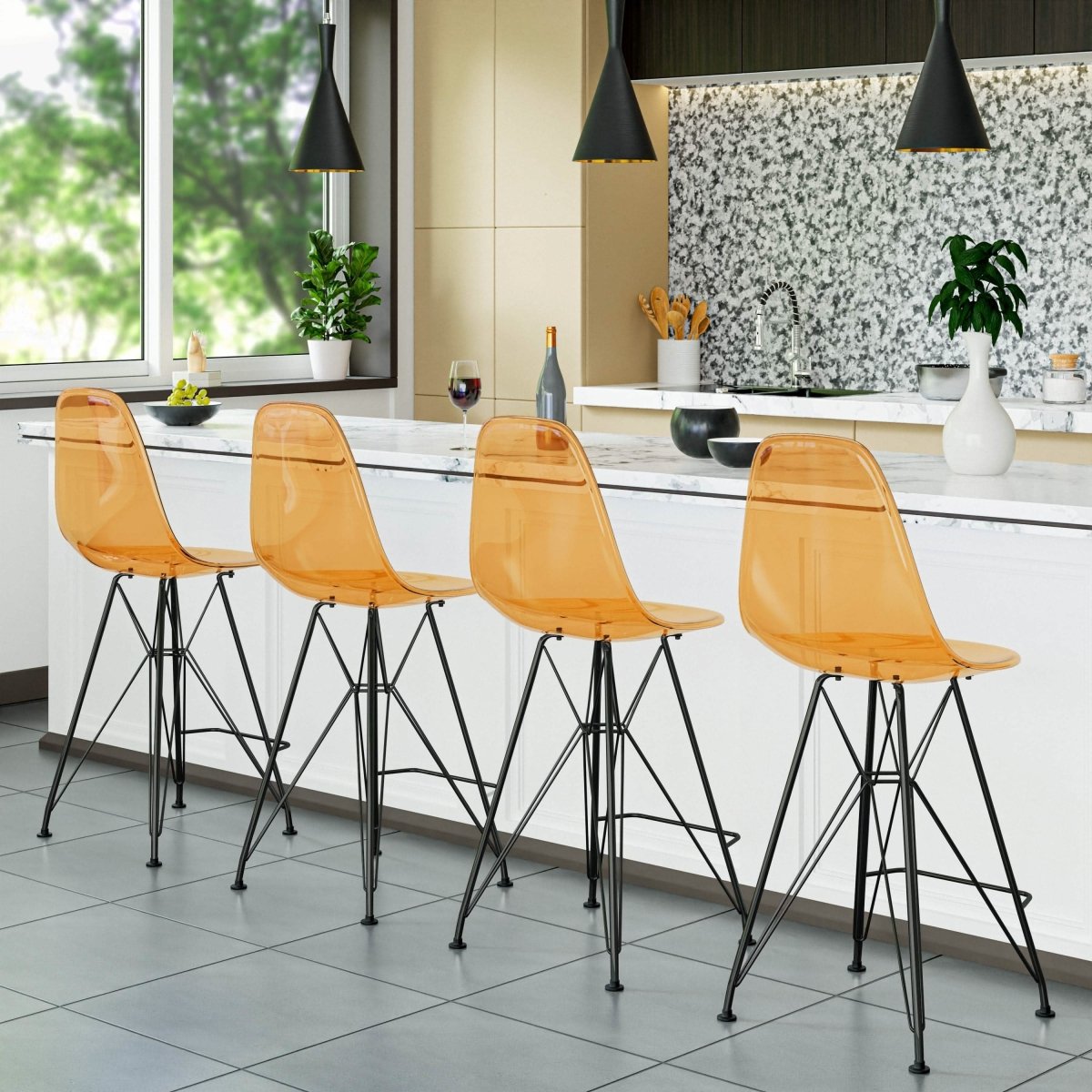 LeisureMod Cresco Modern Acrylic Barstool with Gold Chrome Base and Footrest