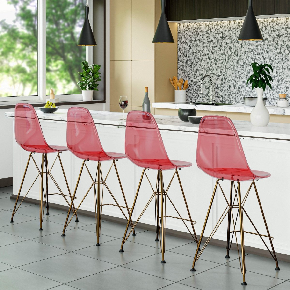 LeisureMod Cresco Modern Acrylic Barstool with Gold Chrome Base and Footrest