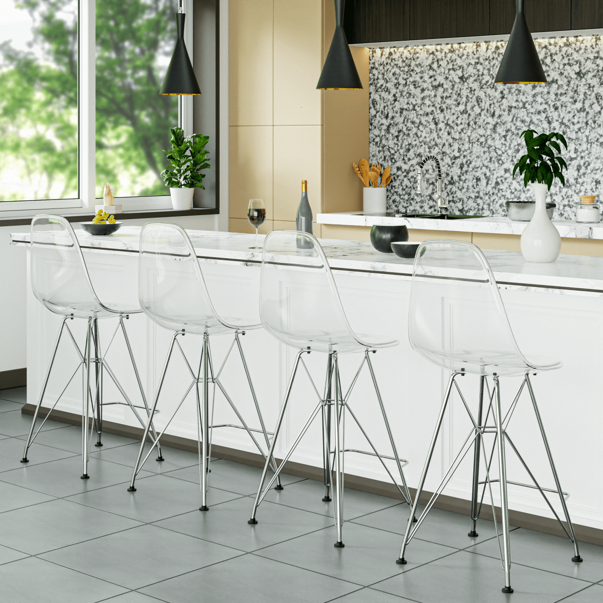 LeisureMod Cresco Modern Acrylic Barstool with Gold Chrome Base and Footrest