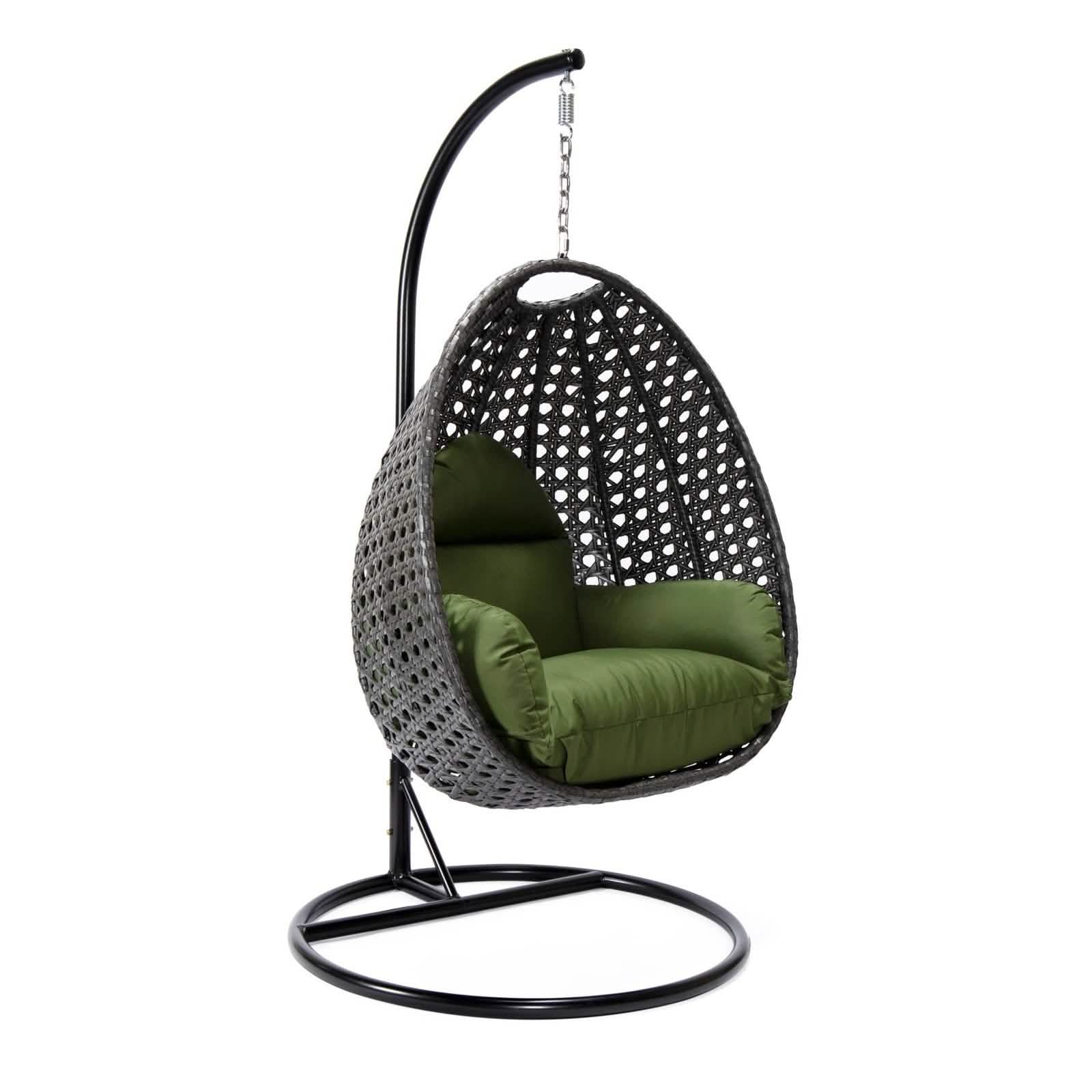 Charcoal Wicker Hanging Single Egg Swing Chair With Cushions Dark Green Leisuremod