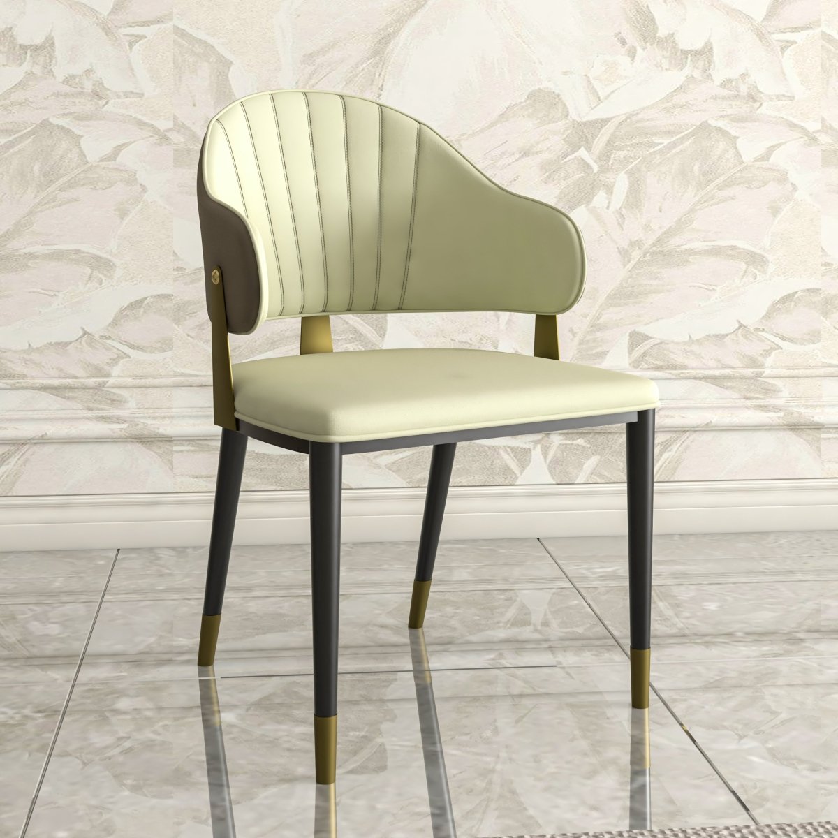 Aria Leather Dining Chair with a Curved Back and Gold Accents Design in Iron Toupe Dining Chair Leisuremod