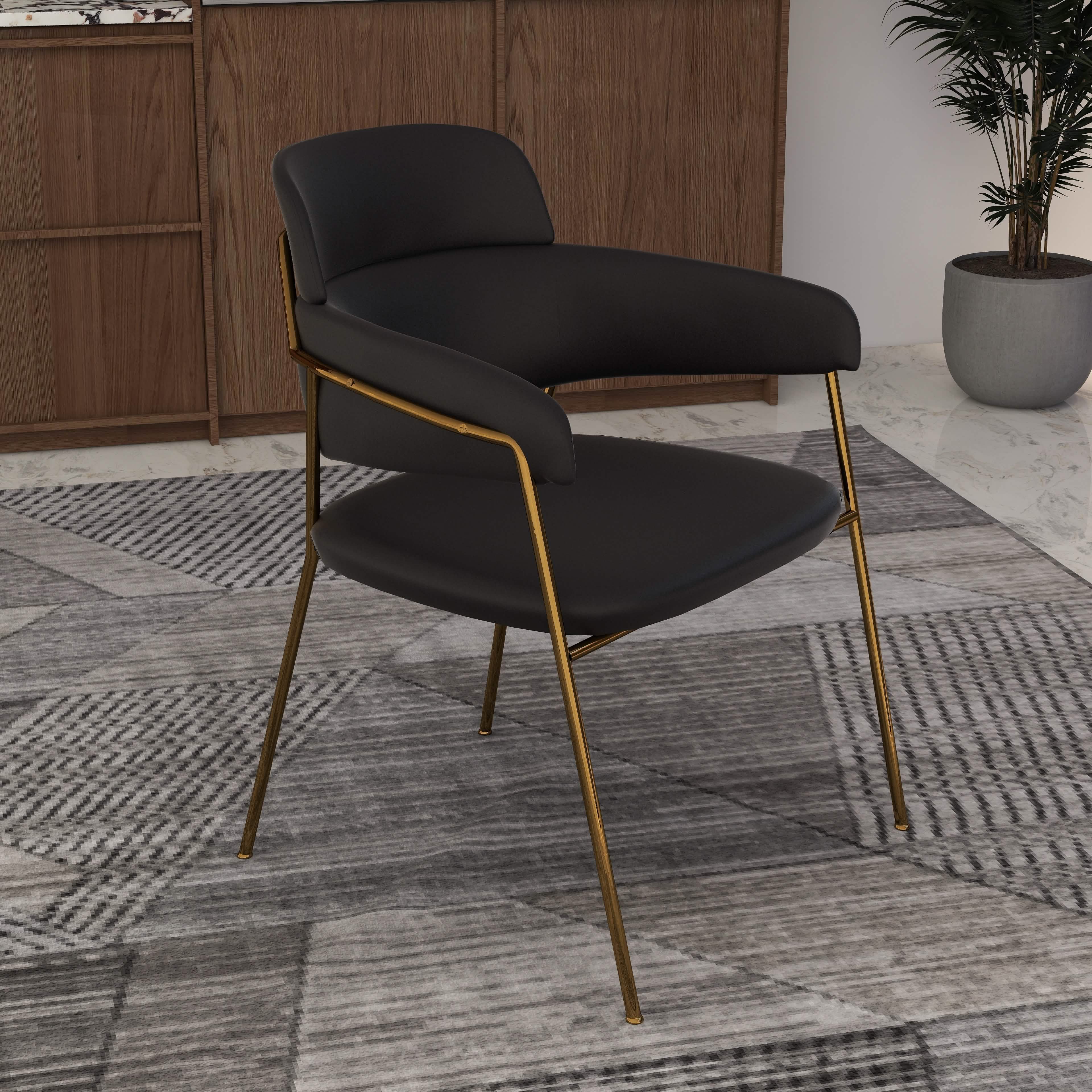 Axis Upholstered Dining Chair with Curved Open-Back and Arms and Black/Gold Stainless Steel Legs Gold Velvet Black Dining Chair Leisuremod