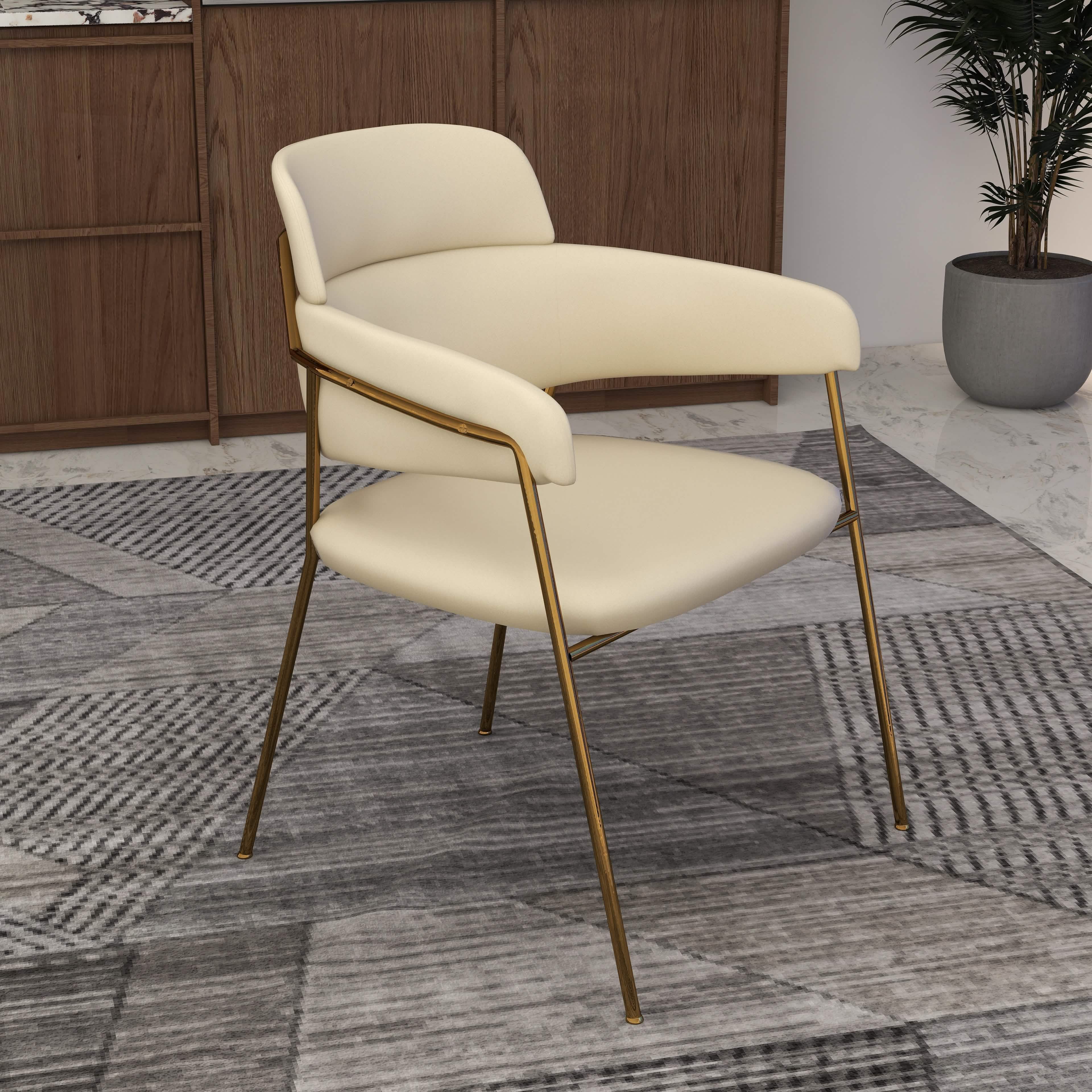 Axis Upholstered Dining Chair with Curved Open-Back and Arms and Black/Gold Stainless Steel Legs Gold Velvet Beige Dining Chair Leisuremod
