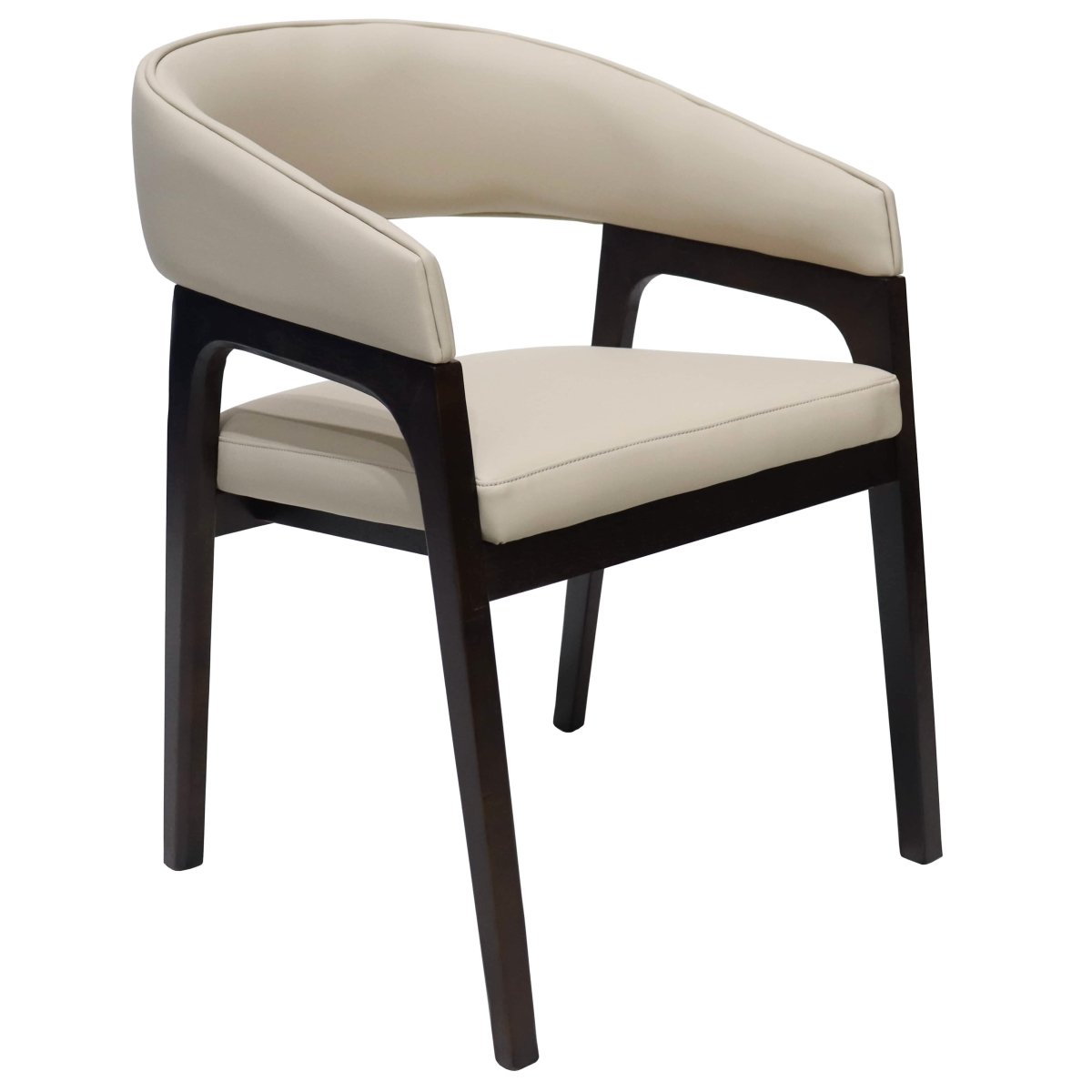 Leisuremod Dining Chair Beige Cali Leather Dining Arm Chair With Rubberwood Legs and Open Back Design