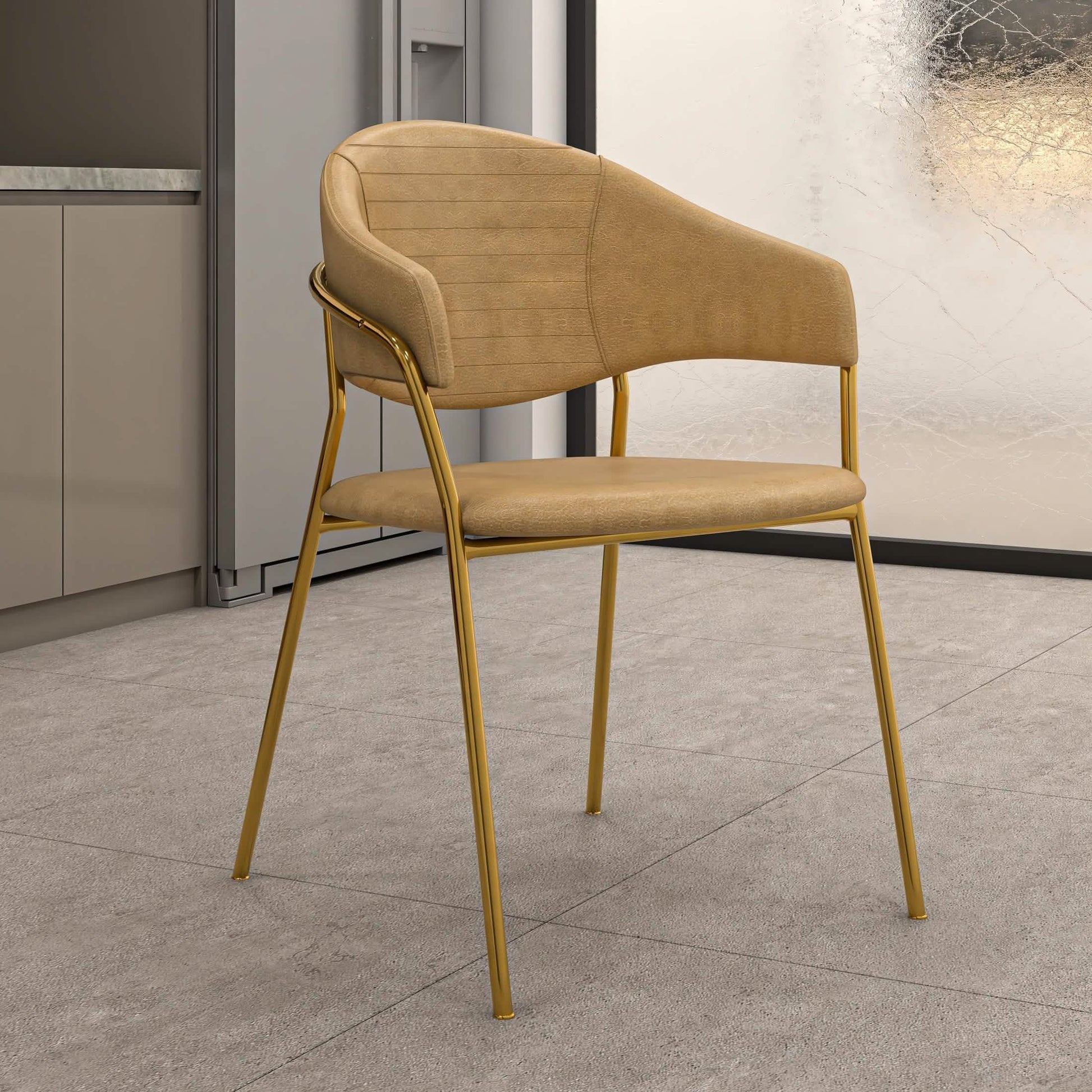 Bella Dining Chair Upholsted in Leather or Velvet in Gold Stainless Steel Taupe Leather Dining Chair Leisuremod