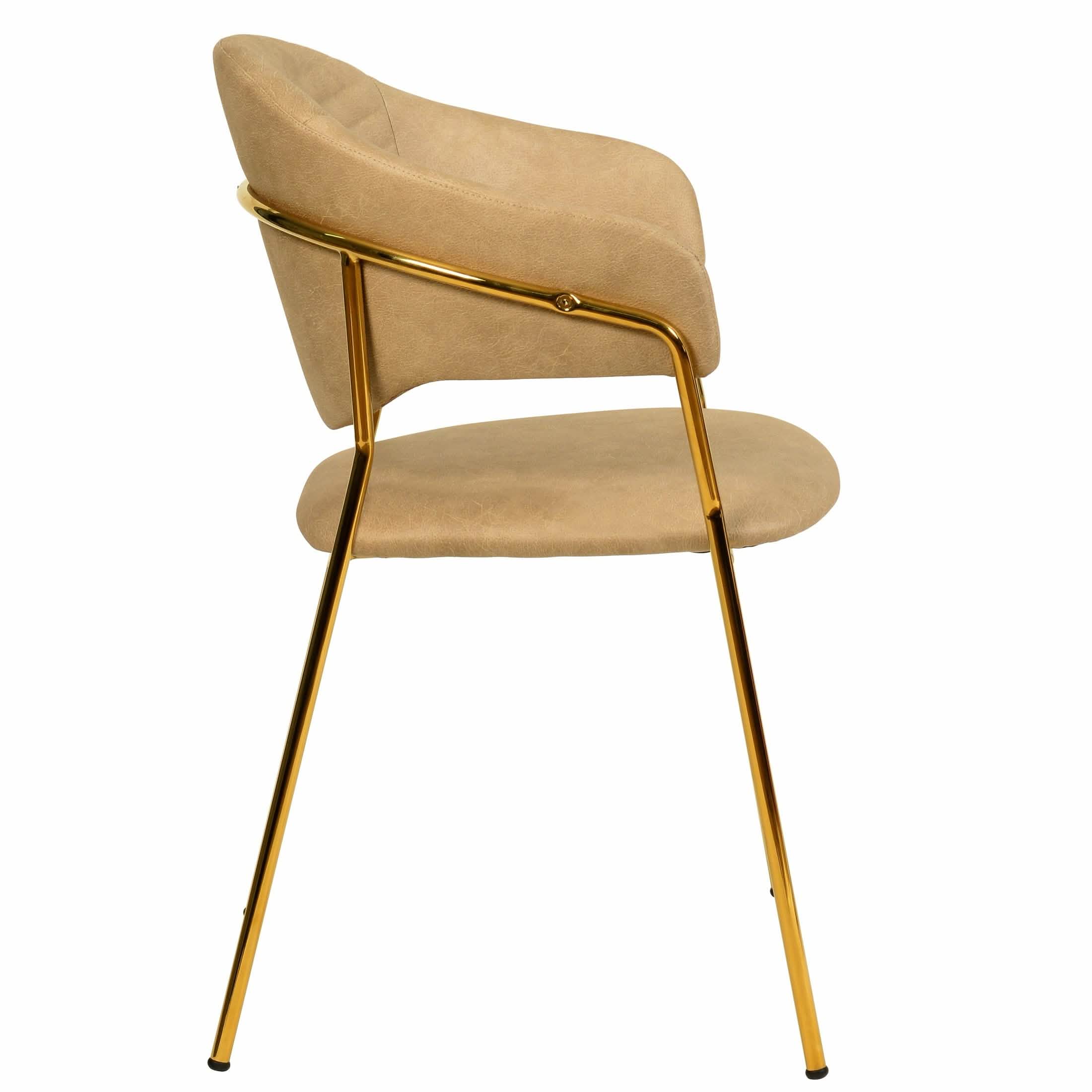 Bella Dining Chair Upholsted in Leather or Velvet in Gold Stainless Steel Taupe Leather Dining Chair Leisuremod