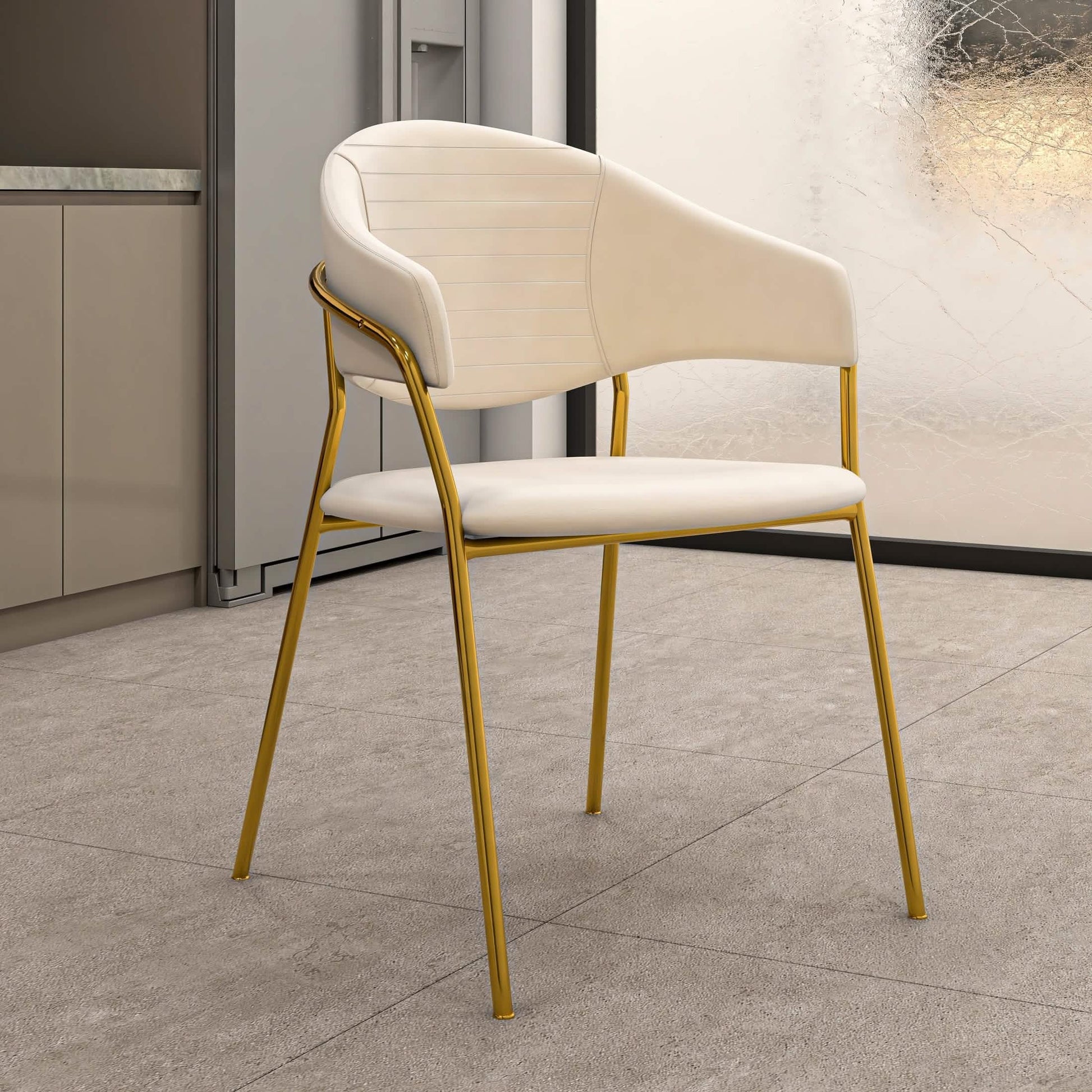 Bella Dining Chair Upholsted in Leather or Velvet in Gold Stainless Steel Off-White Velvet Dining Chair Leisuremod