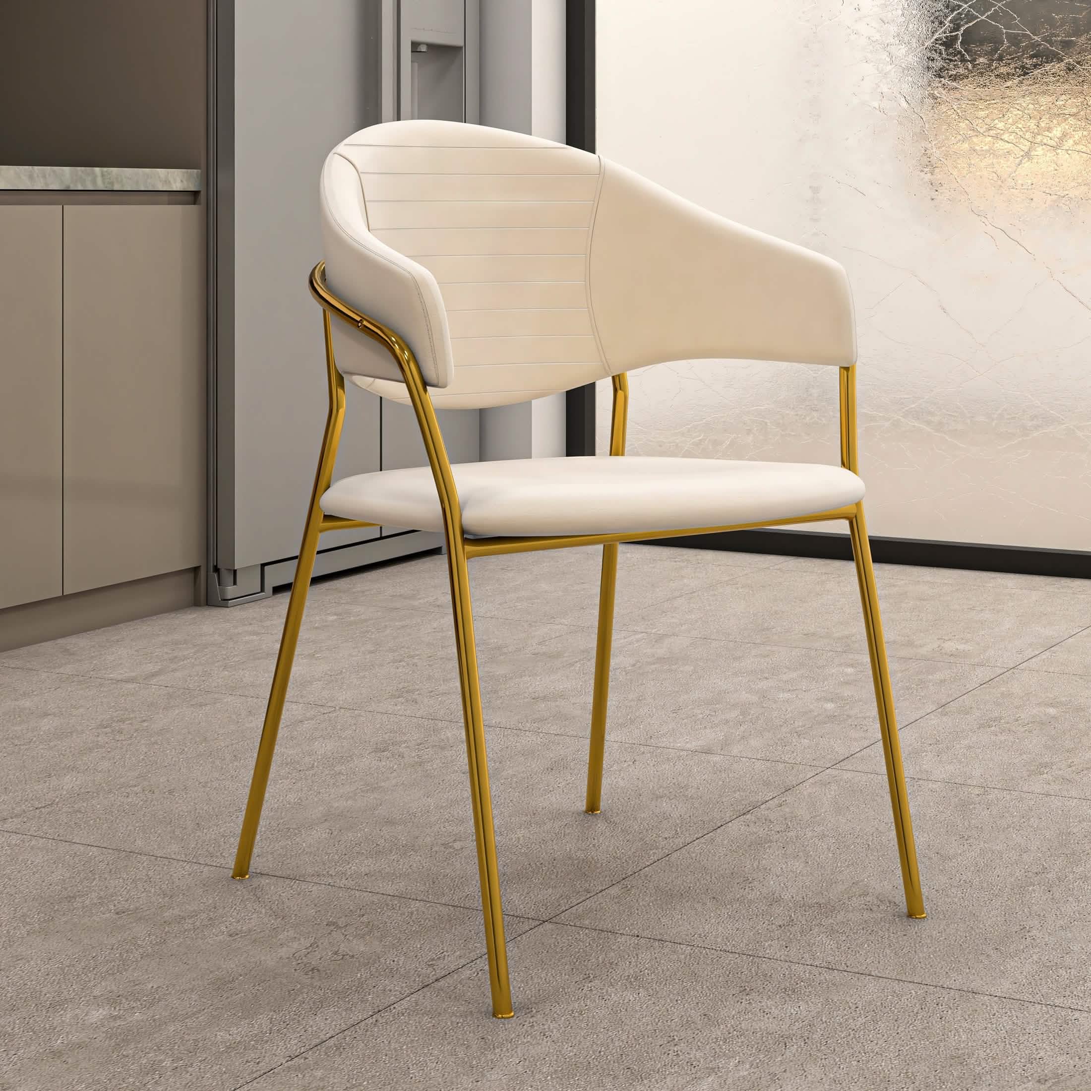 Bella Dining Chair Upholsted in Leather or Velvet in Gold Stainless Steel Off-White Velvet Dining Chair Leisuremod