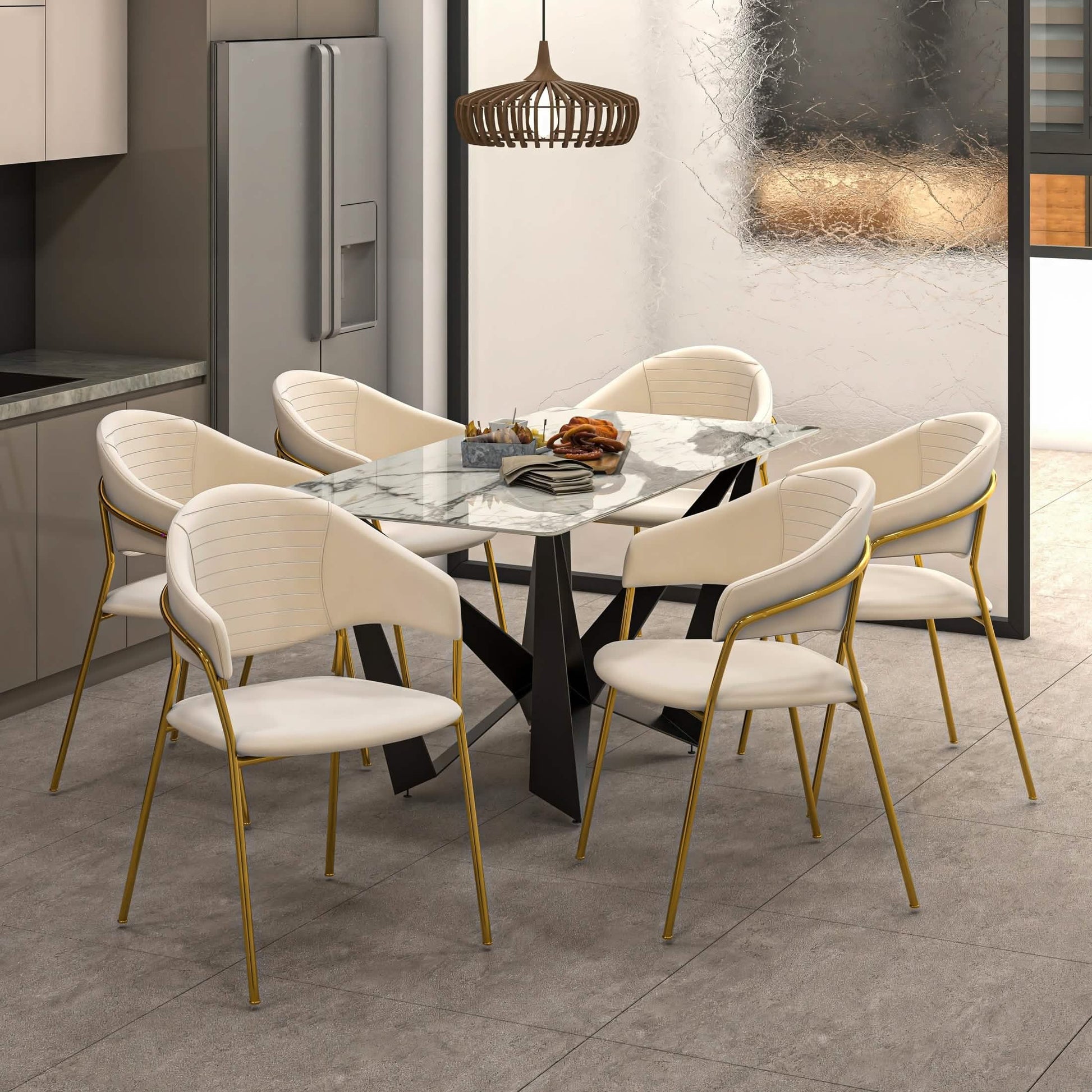 Bella Dining Chair Upholsted in Leather or Velvet in Gold Stainless Steel Off-White Velvet Dining Chair Leisuremod