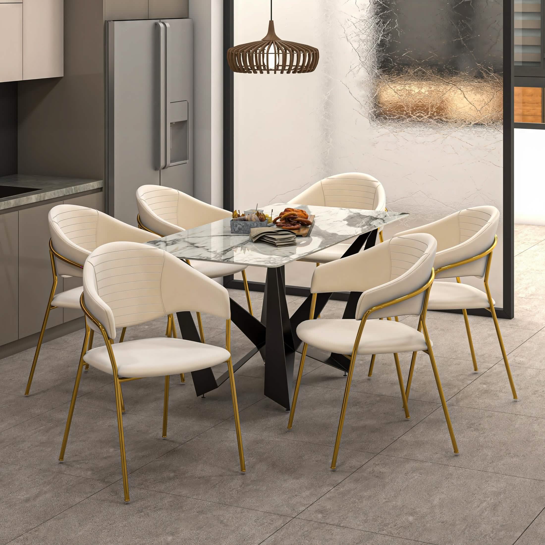 Bella Dining Chair Upholsted in Leather or Velvet in Gold Stainless Steel Off-White Velvet Dining Chair Leisuremod
