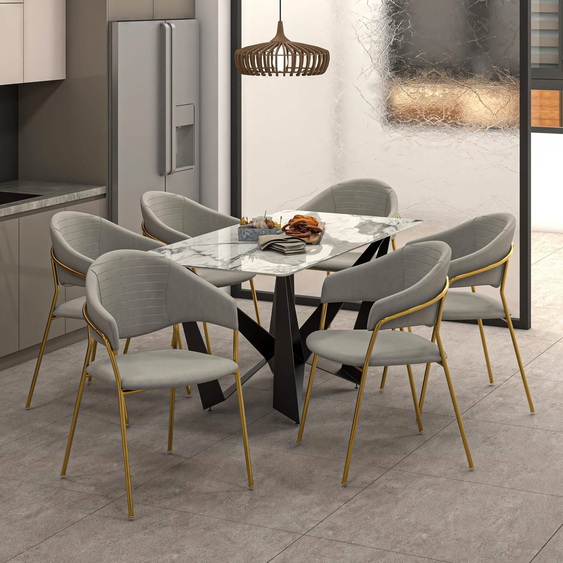 Bella Dining Chair Upholsted in Leather or Velvet in Gold Stainless Steel Light Grey Velvet Dining Chair Leisuremod