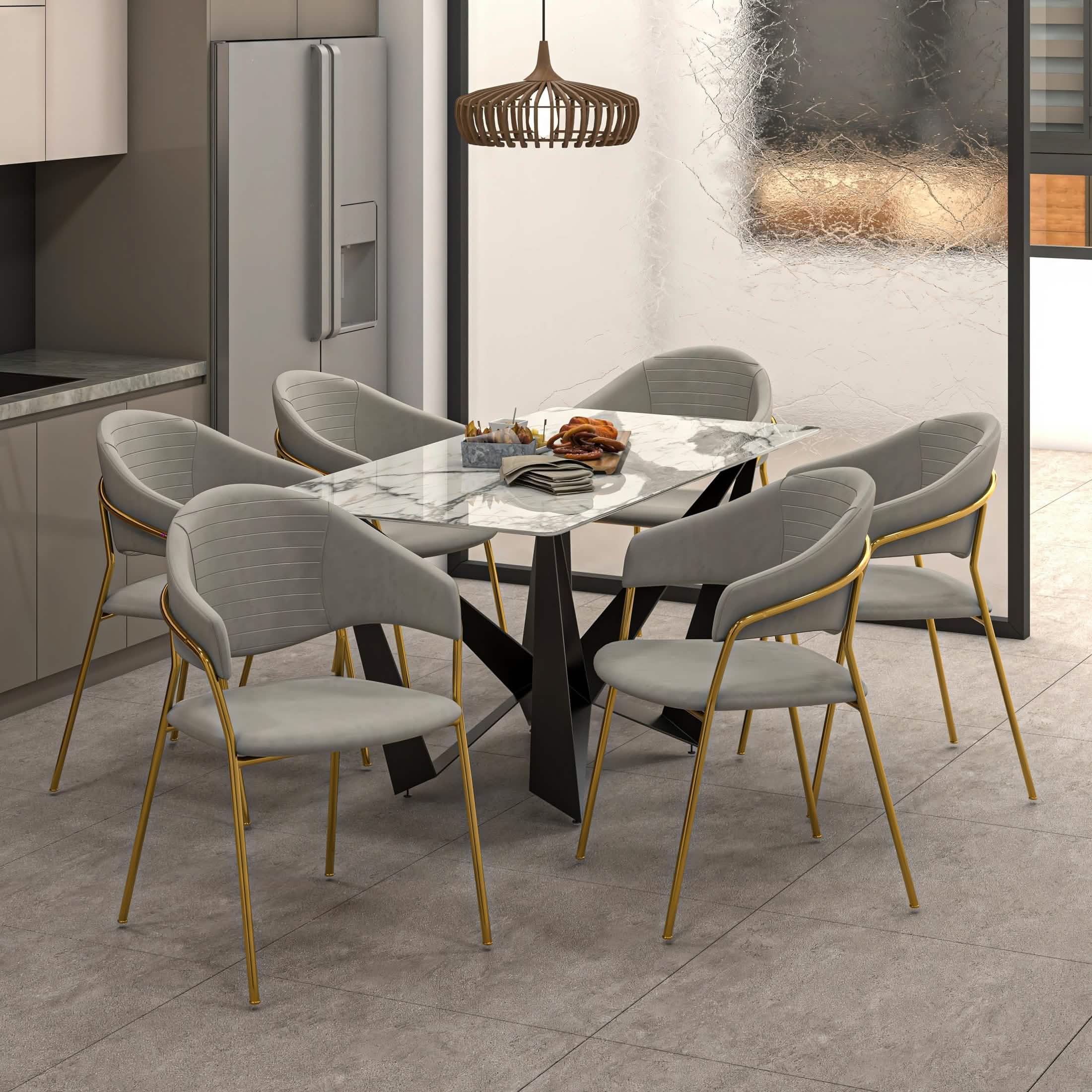 Bella Dining Chair Upholsted in Leather or Velvet in Gold Stainless Steel Light Grey Velvet Dining Chair Leisuremod
