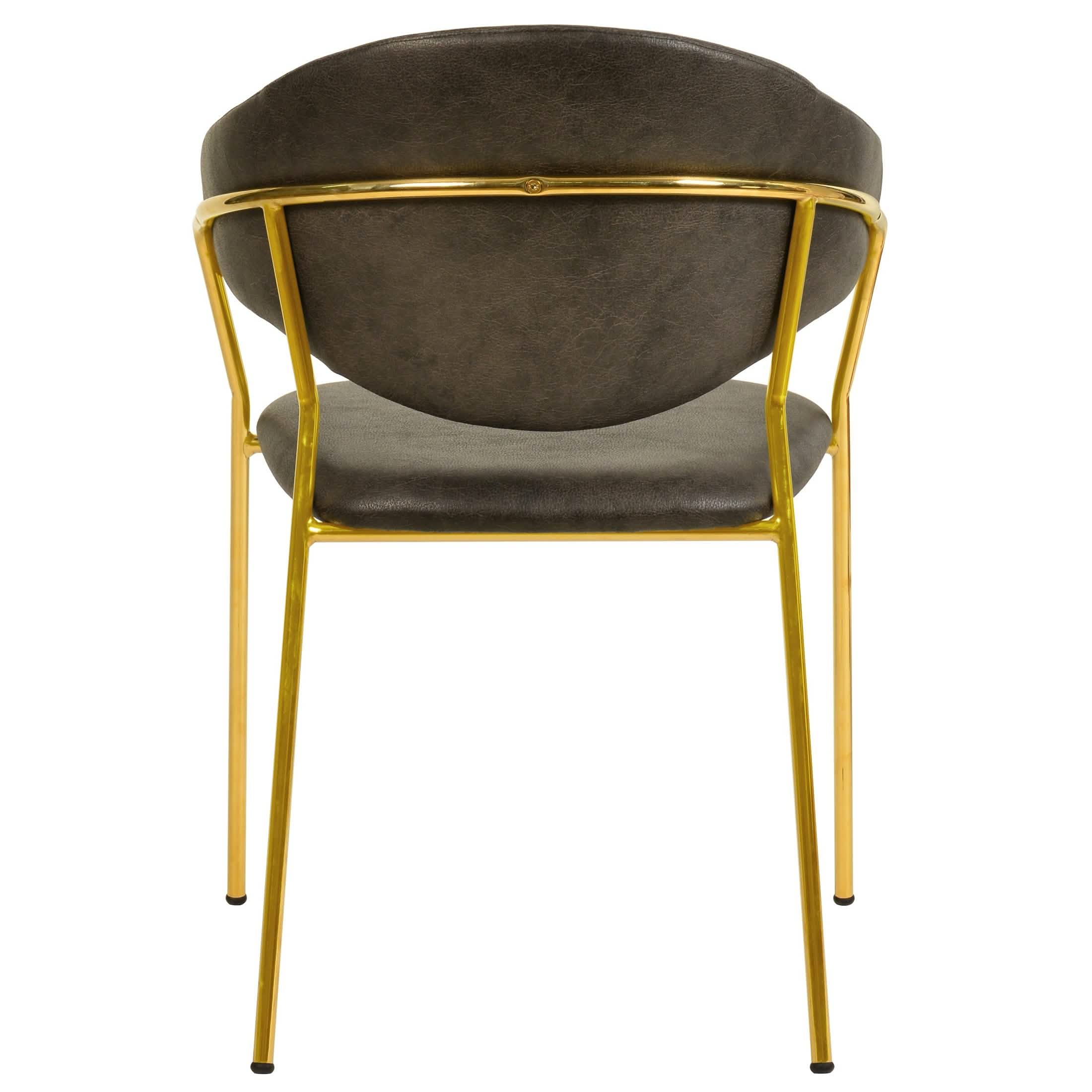 Bella Dining Chair Upholsted in Leather or Velvet in Gold Stainless Steel Charcoal Leather Dining Chair Leisuremod