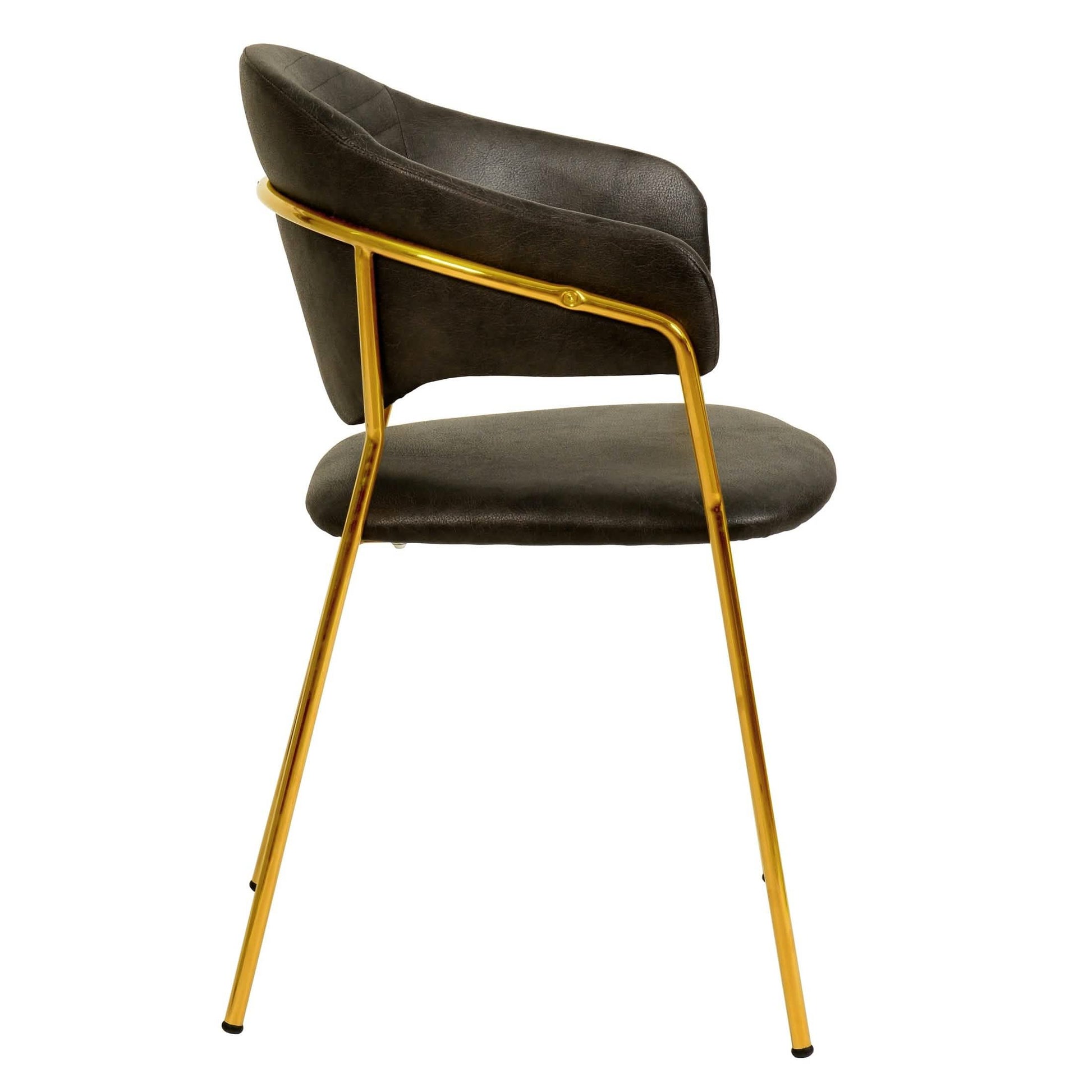 Bella Dining Chair Upholsted in Leather or Velvet in Gold Stainless Steel Charcoal Leather Dining Chair Leisuremod