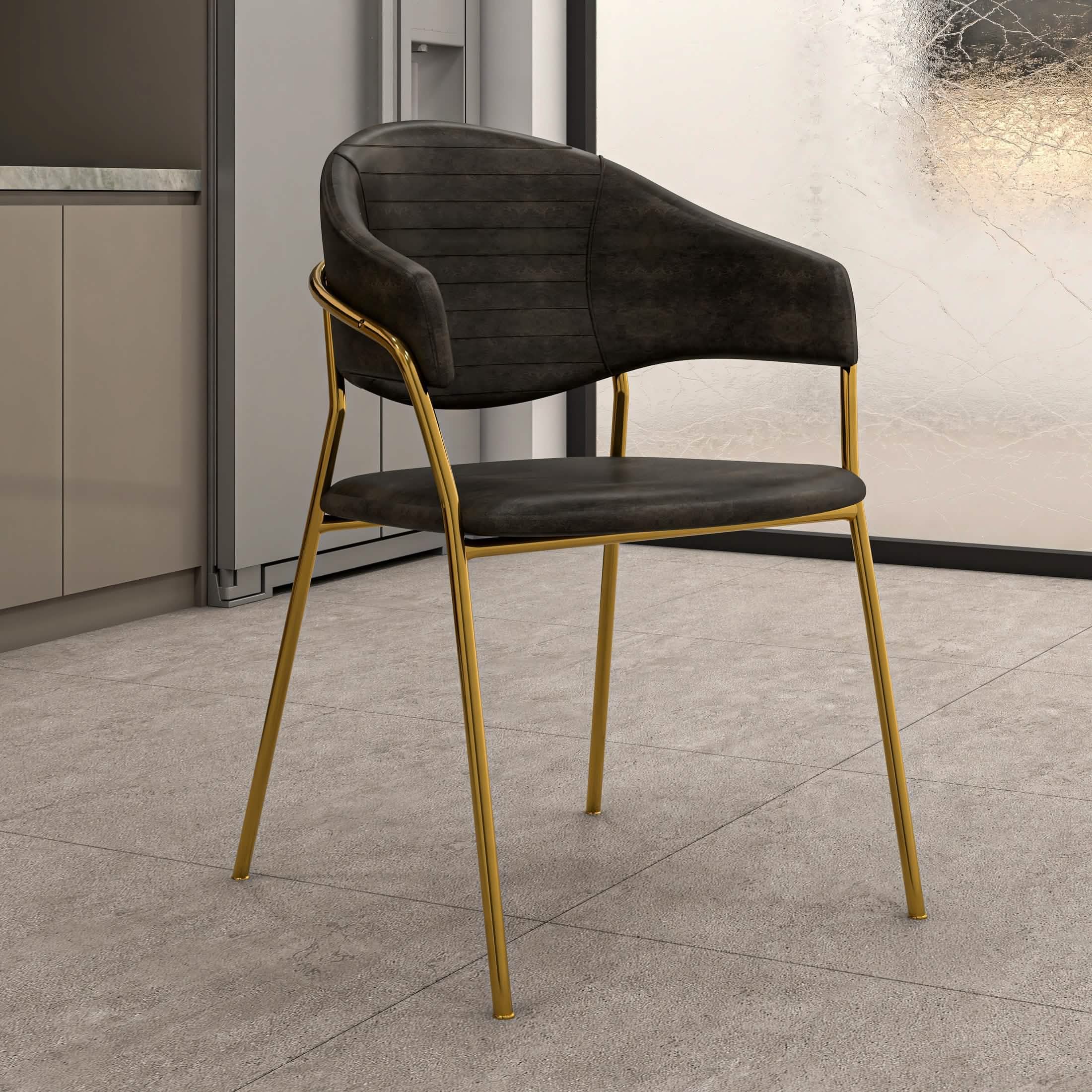 Bella Dining Chair Upholsted in Leather or Velvet in Gold Stainless Steel Charcoal Leather Dining Chair Leisuremod