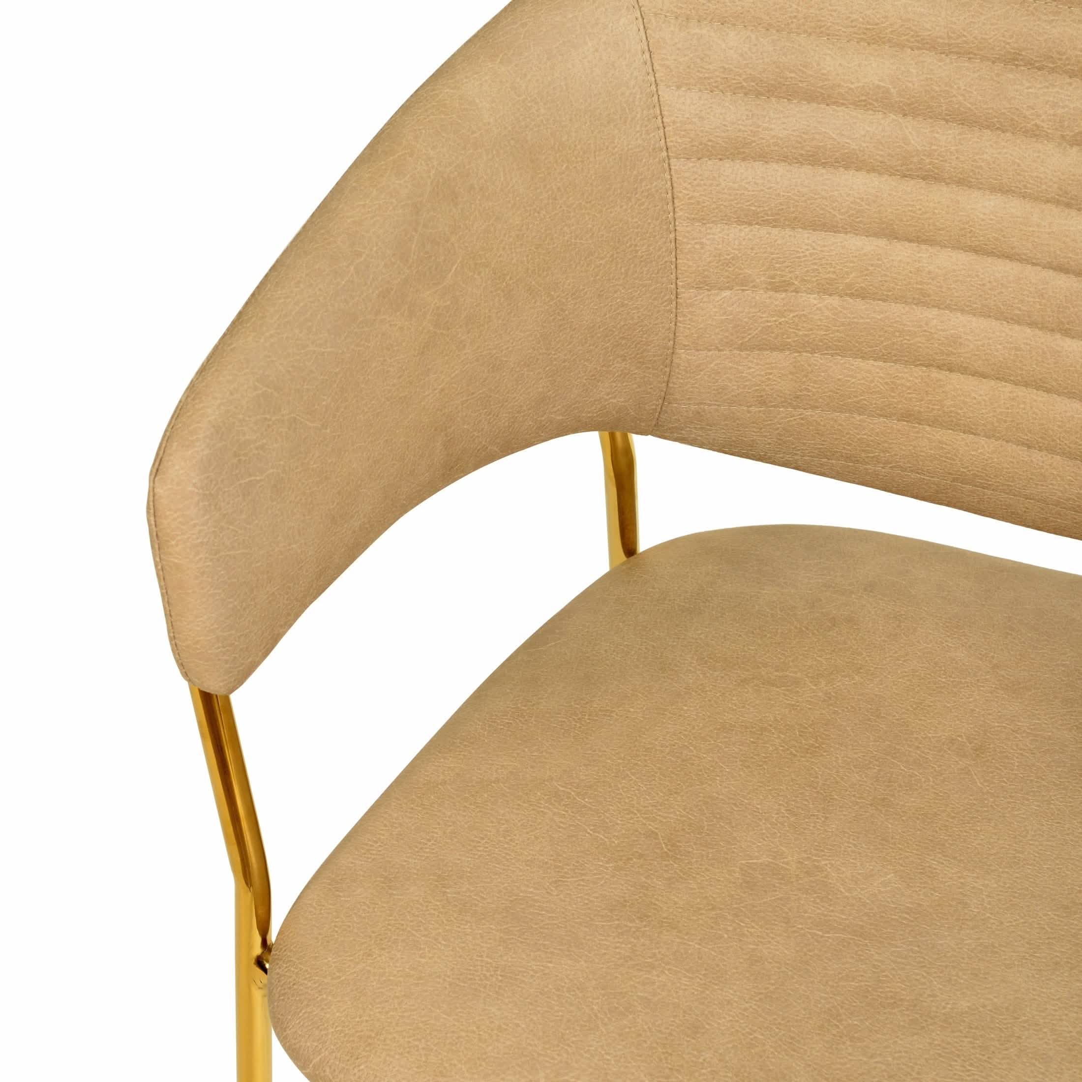 Bella Dining Chair Upholsted in Leather or Velvet in Gold Stainless Steel Taupe Leather Dining Chair Leisuremod