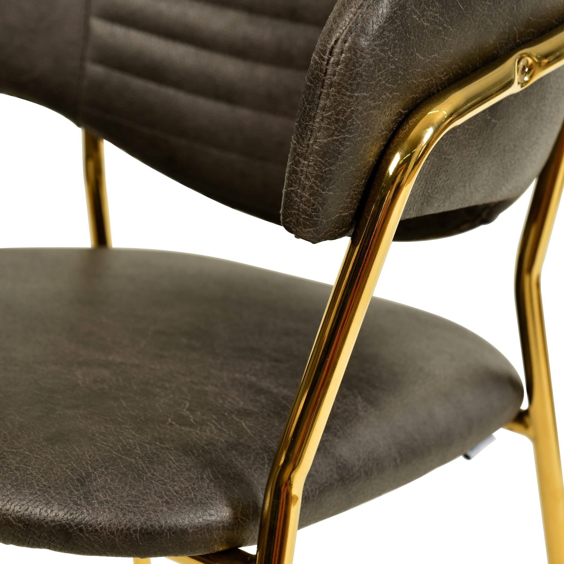 Bella Dining Chair Upholsted in Leather or Velvet in Gold Stainless Steel Charcoal Leather Dining Chair Leisuremod