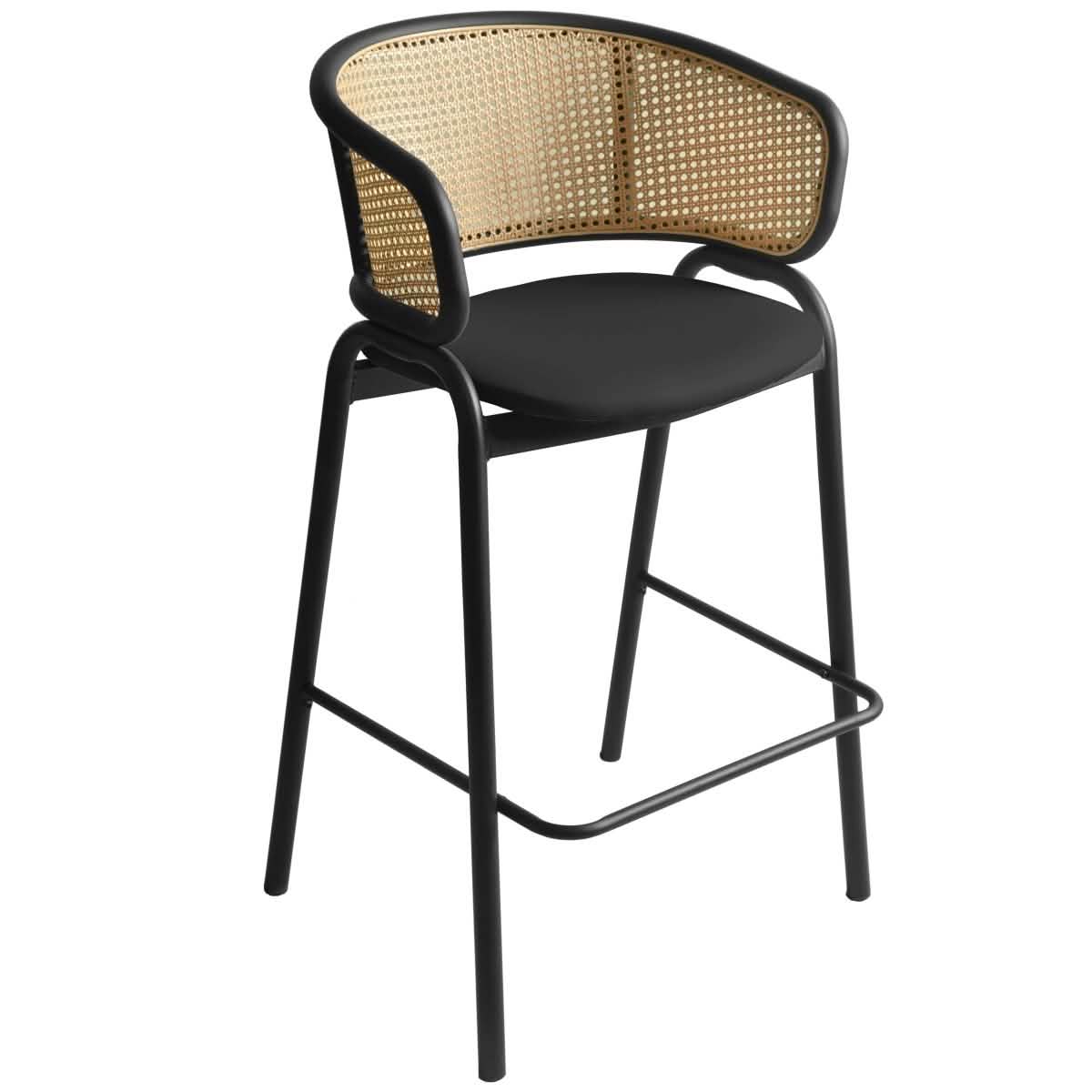 Ervilla Wicker Bar Stool with Leather Seat and Black/White Stainless Steel Frame Black Black Dining Chair Leisuremod