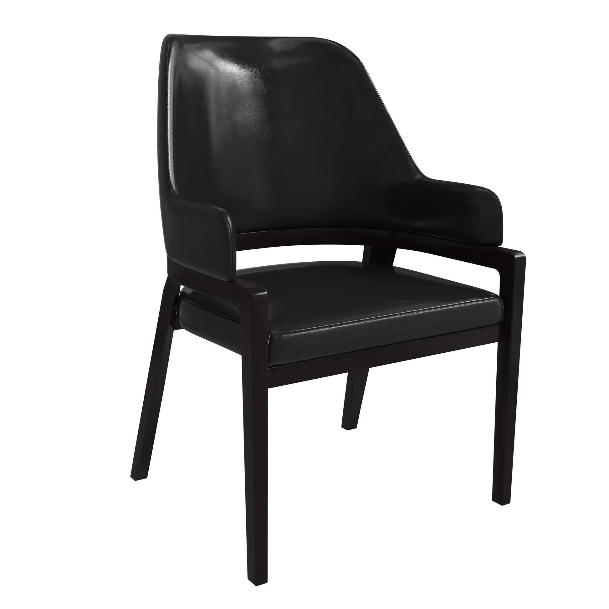 Ethora Dining Chair Upholstered in Leather with Curved Open Back Design and Rubberwood Frame Black Black Dining Chair Leisuremod