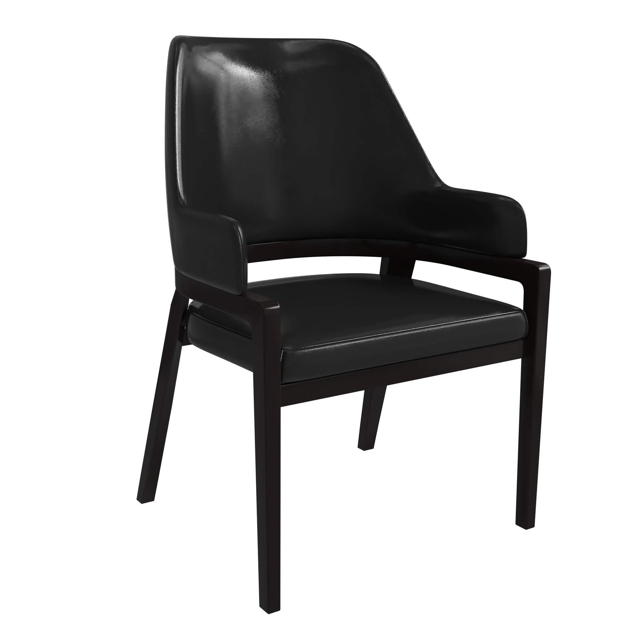 Ethora Dining Chair Upholstered in Leather with Curved Open Back Design and Rubberwood Frame Black Black Dining Chair Leisuremod