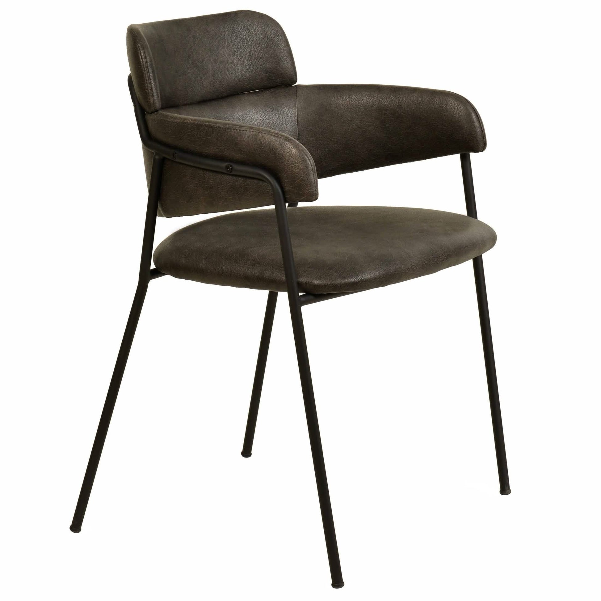 Axis Upholstered Dining Chair with Curved Open-Back and Arms and Black/Gold Stainless Steel Legs Black Leather Charcoal Dining Chair Leisuremod