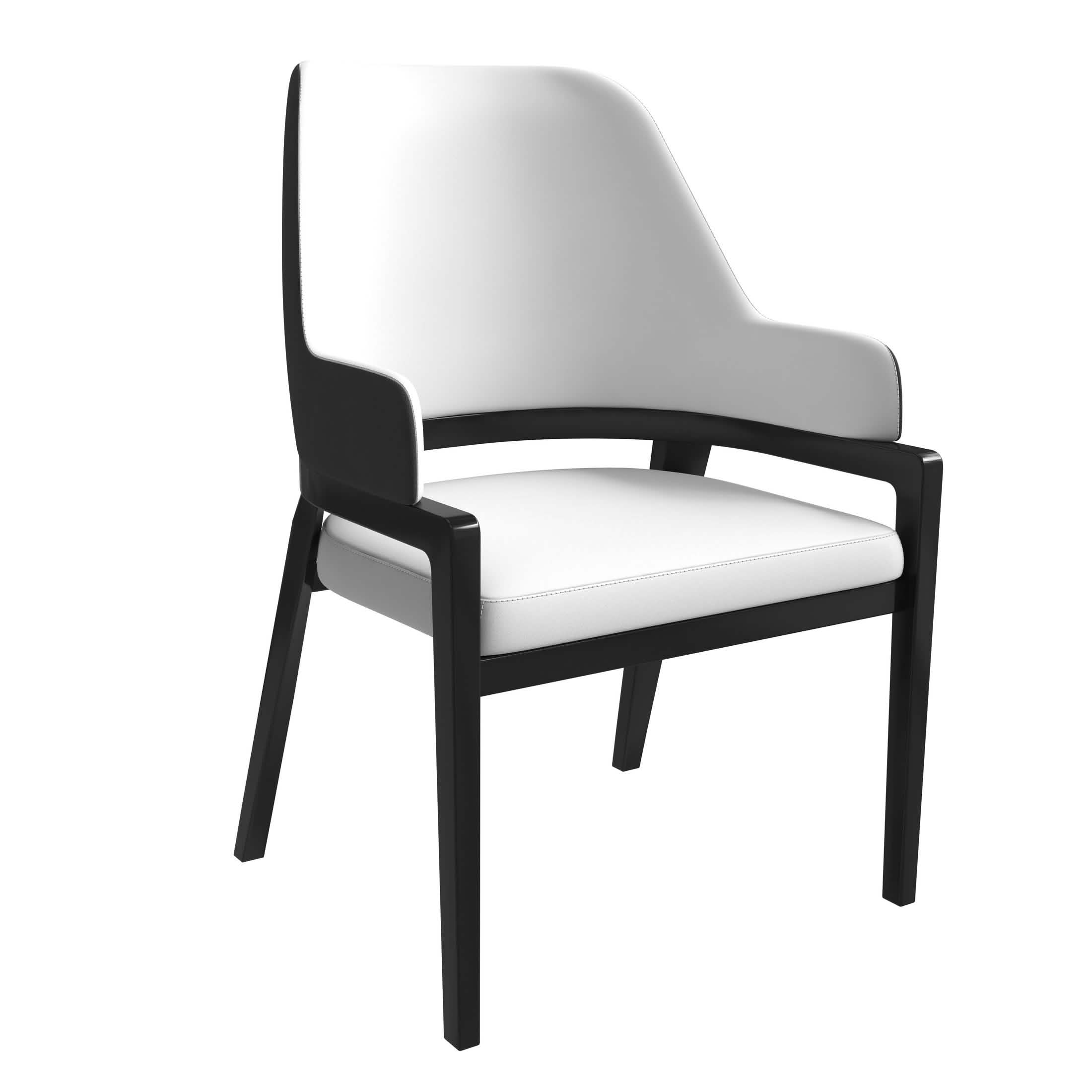 Ethora Dining Chair Upholstered in Leather with Curved Open Back Design and Rubberwood Frame Black White Dining Chair Leisuremod