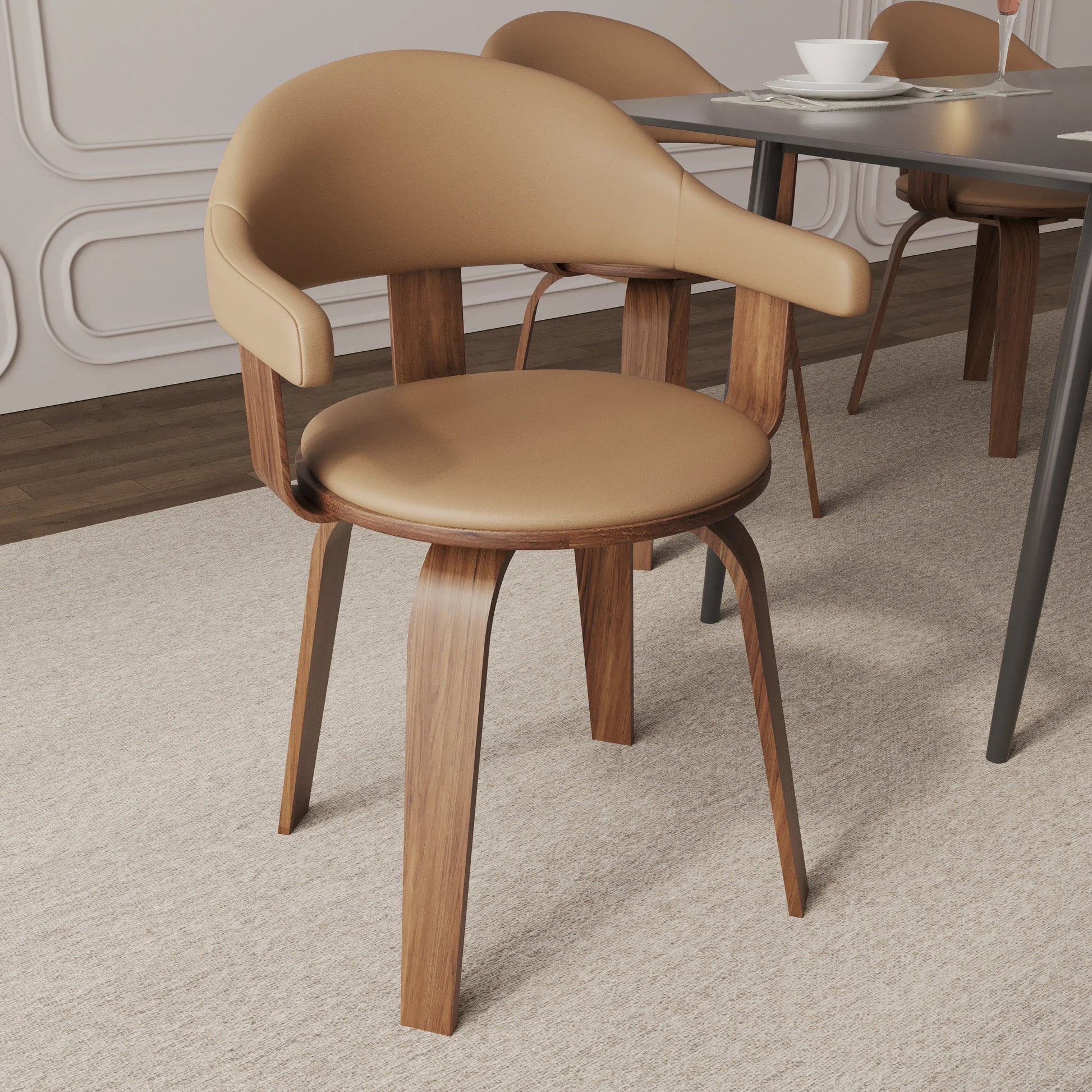 Leisuremod Dining Chair Brivo Leather Dining Chair with Wooden Legs, Open-Back Swivel Armchair with Poplar Wood Base Set of 4