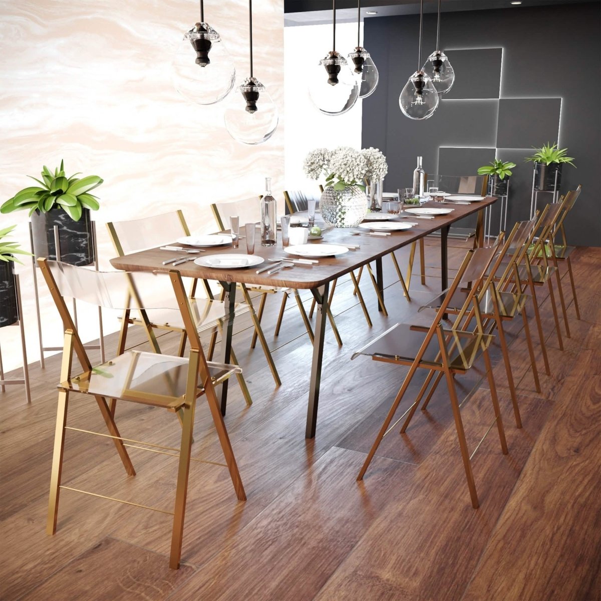 Menno Modern Acrylic Gold Base Folding Chair Clear Dining Chair Leisuremod