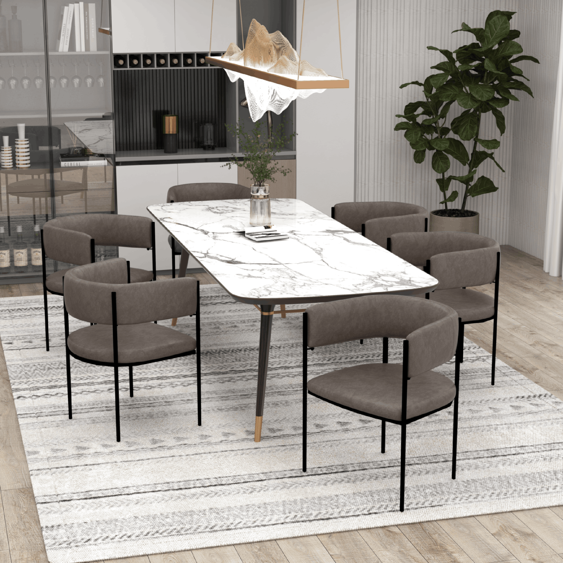 Cyril Dining Chair in Leather or Velvet with Open Back Design and Powder-Coated Iron Frame Charcoal Dining Chair Leisuremod