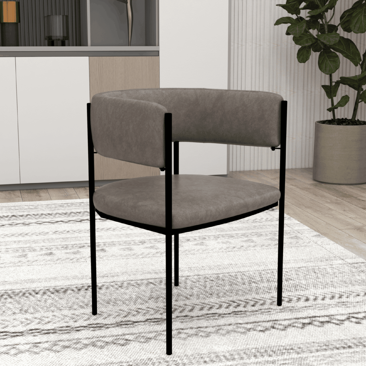Cyril Dining Chair in Leather or Velvet with Open Back Design and Powder-Coated Iron Frame Charcoal Dining Chair Leisuremod