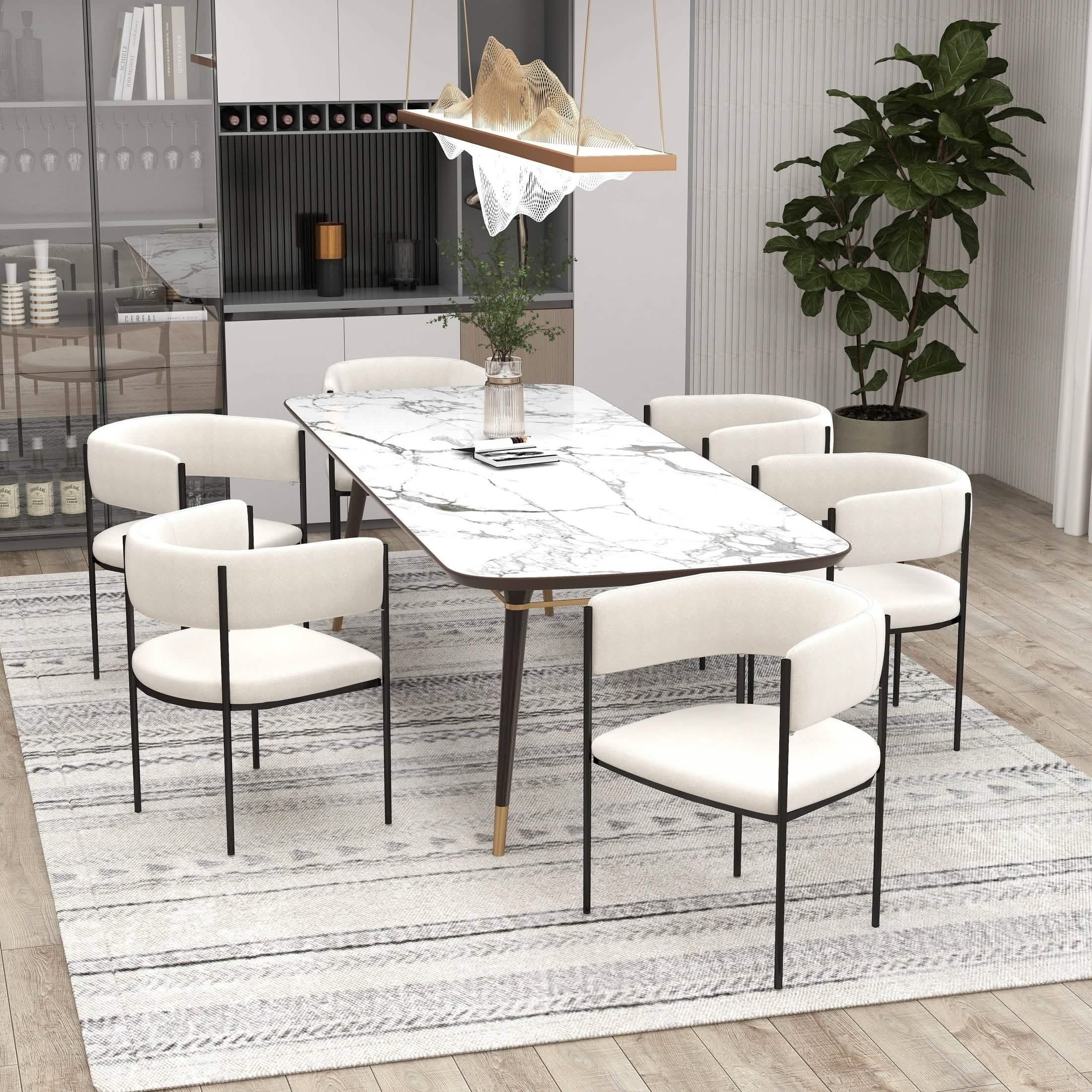 Cyril Dining Chair in Leather or Velvet with Open Back Design and Powder-Coated Iron Frame White Dining Chair Leisuremod