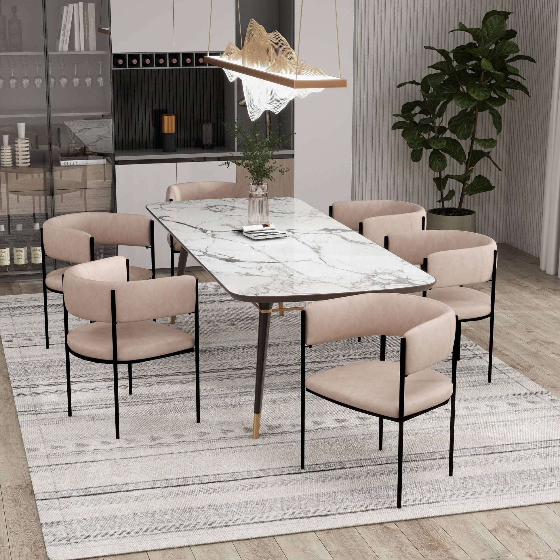 Cyril Dining Chair in Leather or Velvet with Open Back Design and Powder-Coated Iron Frame Taupe Dining Chair Leisuremod