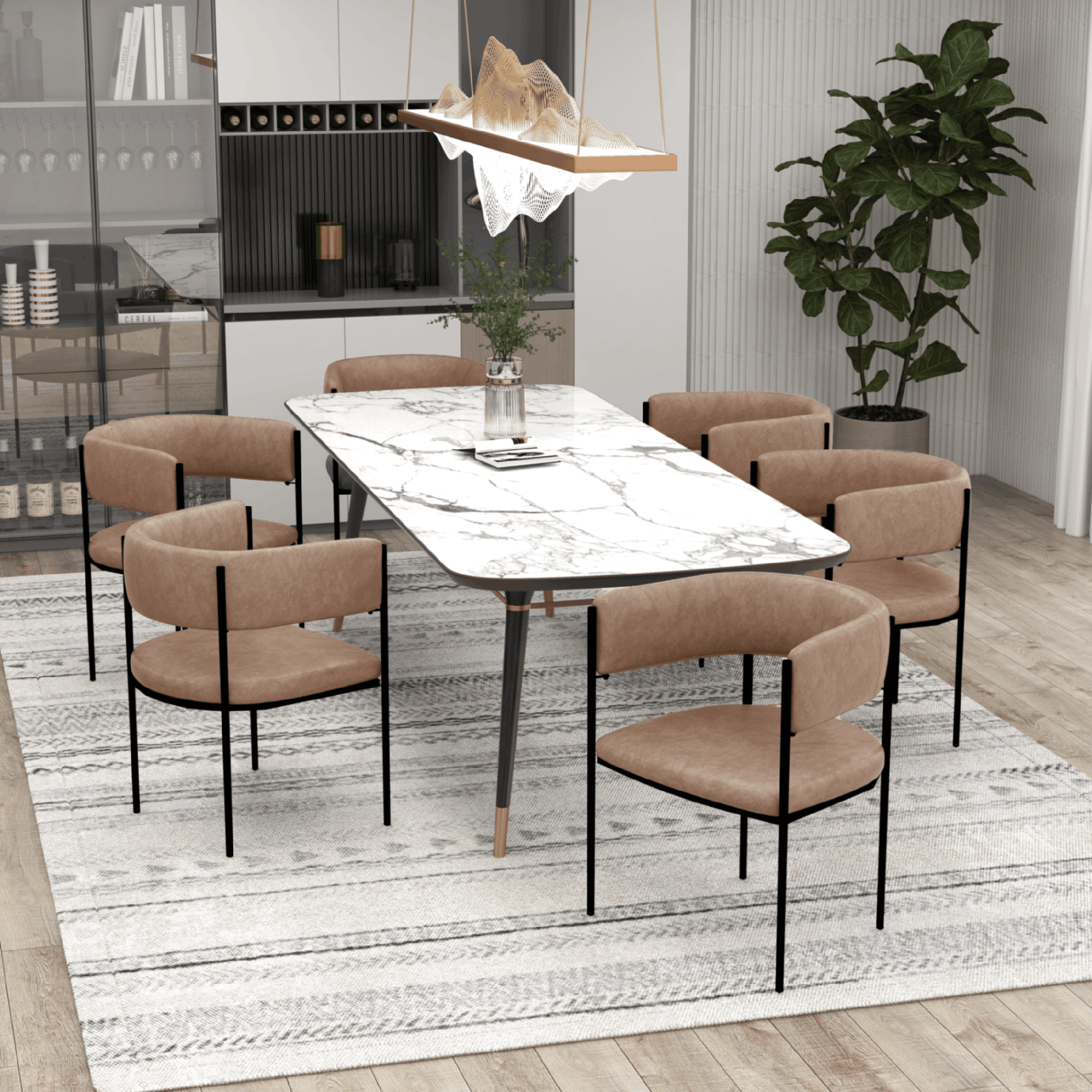 Cyril Dining Chair in Leather or Velvet with Open Back Design and Powder-Coated Iron Frame Light Brown Dining Chair Leisuremod