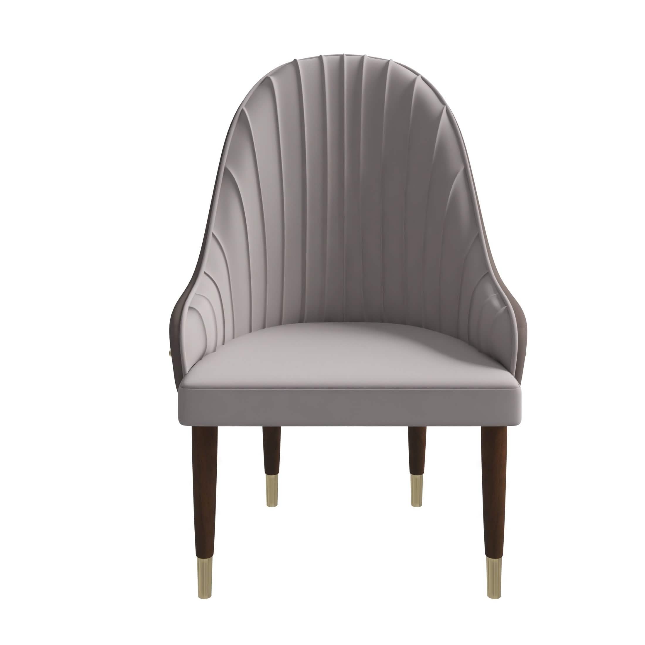 Elara Leather Dining Chair with Elegant Ripple Back and Gold Accents in Rubberwood Taupe Dining Chair Leisuremod